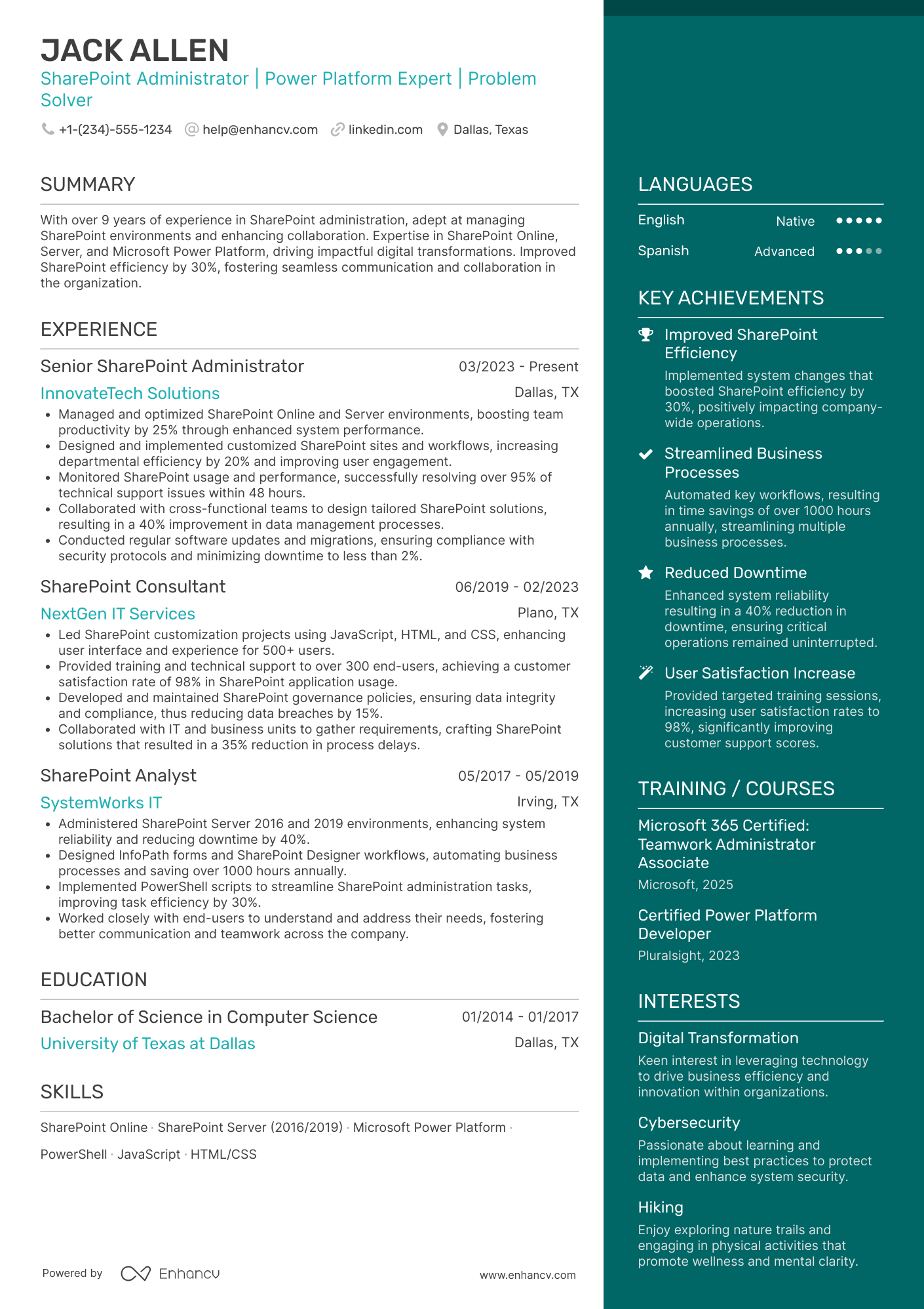 A resume example of a SharePoint Administrator