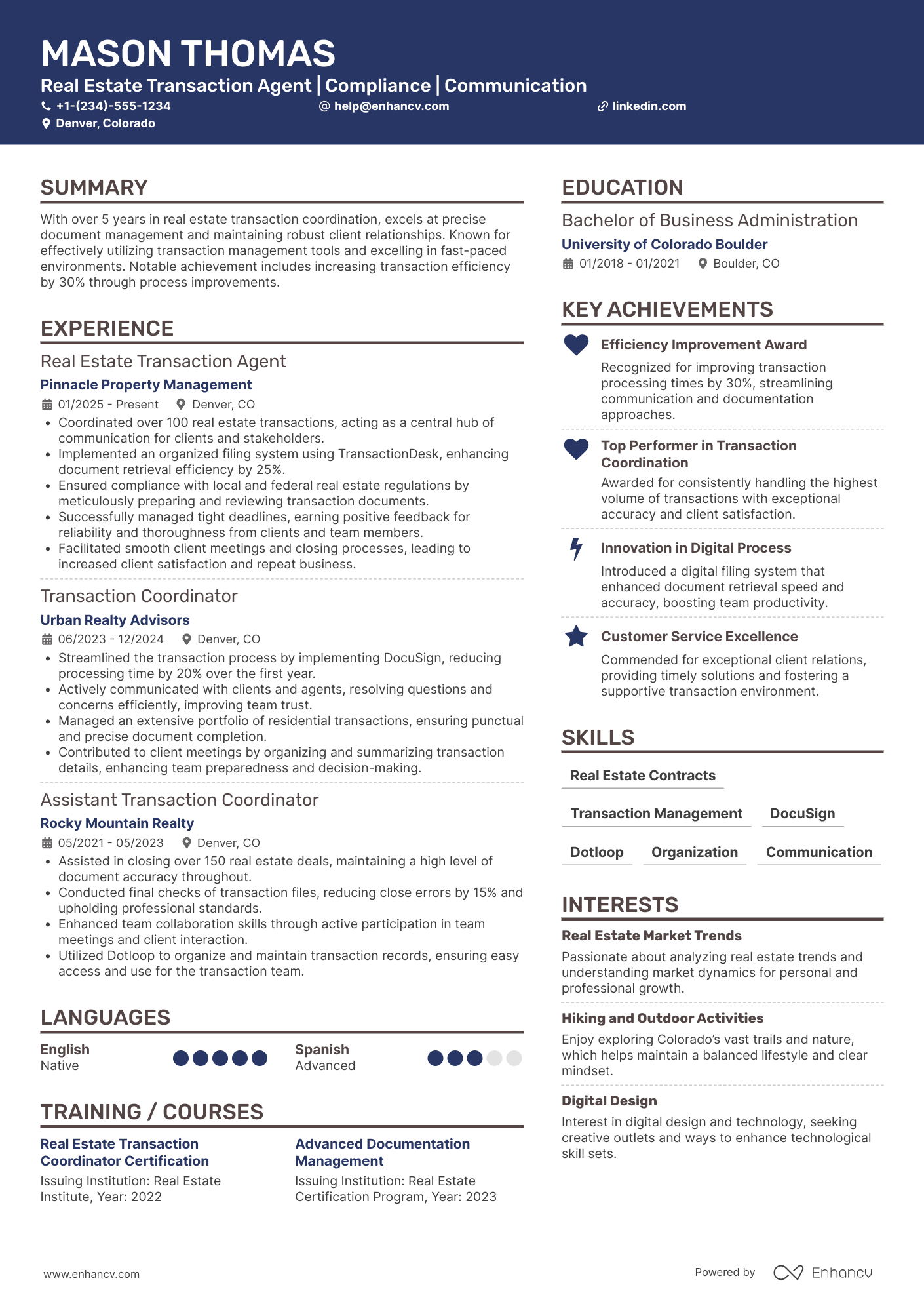 A resume example of a Real Estate Transaction Agent