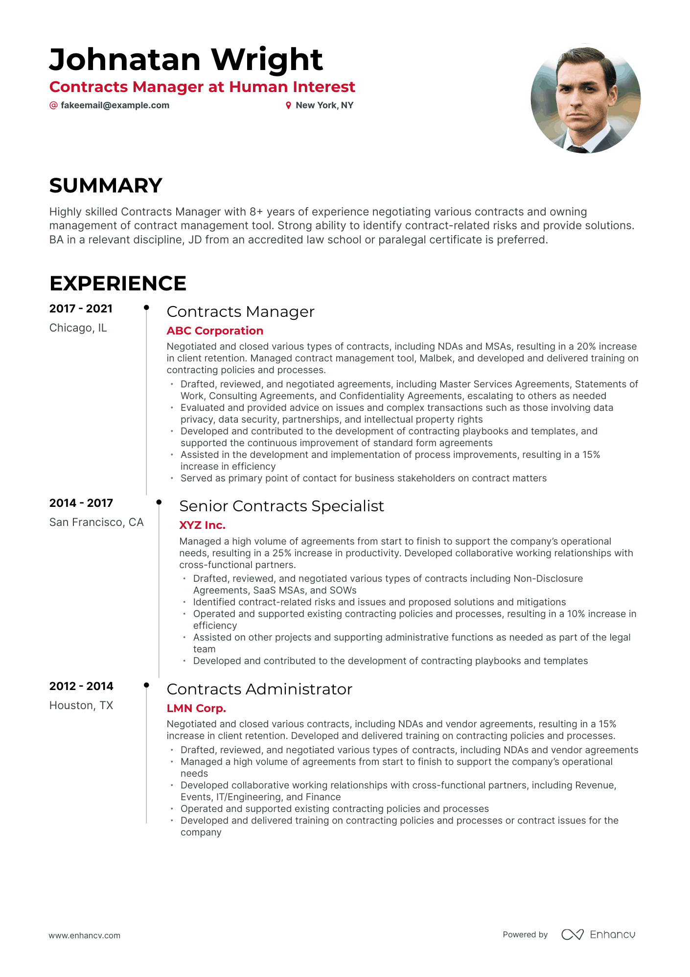 Timeline Contracts Manager Resume Template