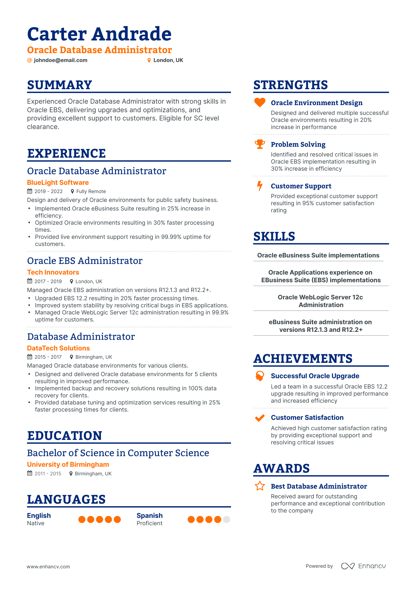 Simple Oracle Database Administrator Resume Template