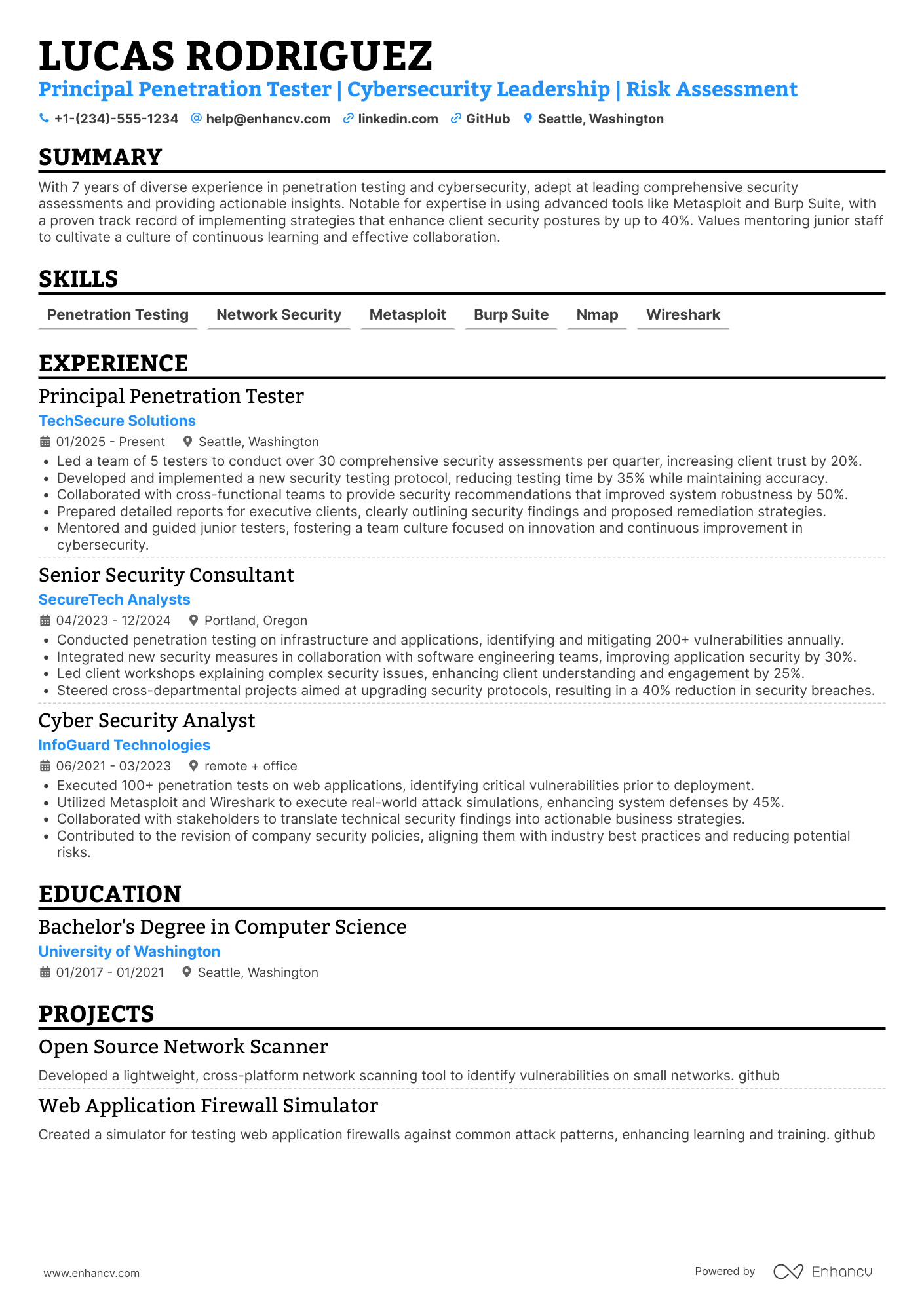 A resume example of a Principal Penetration Tester