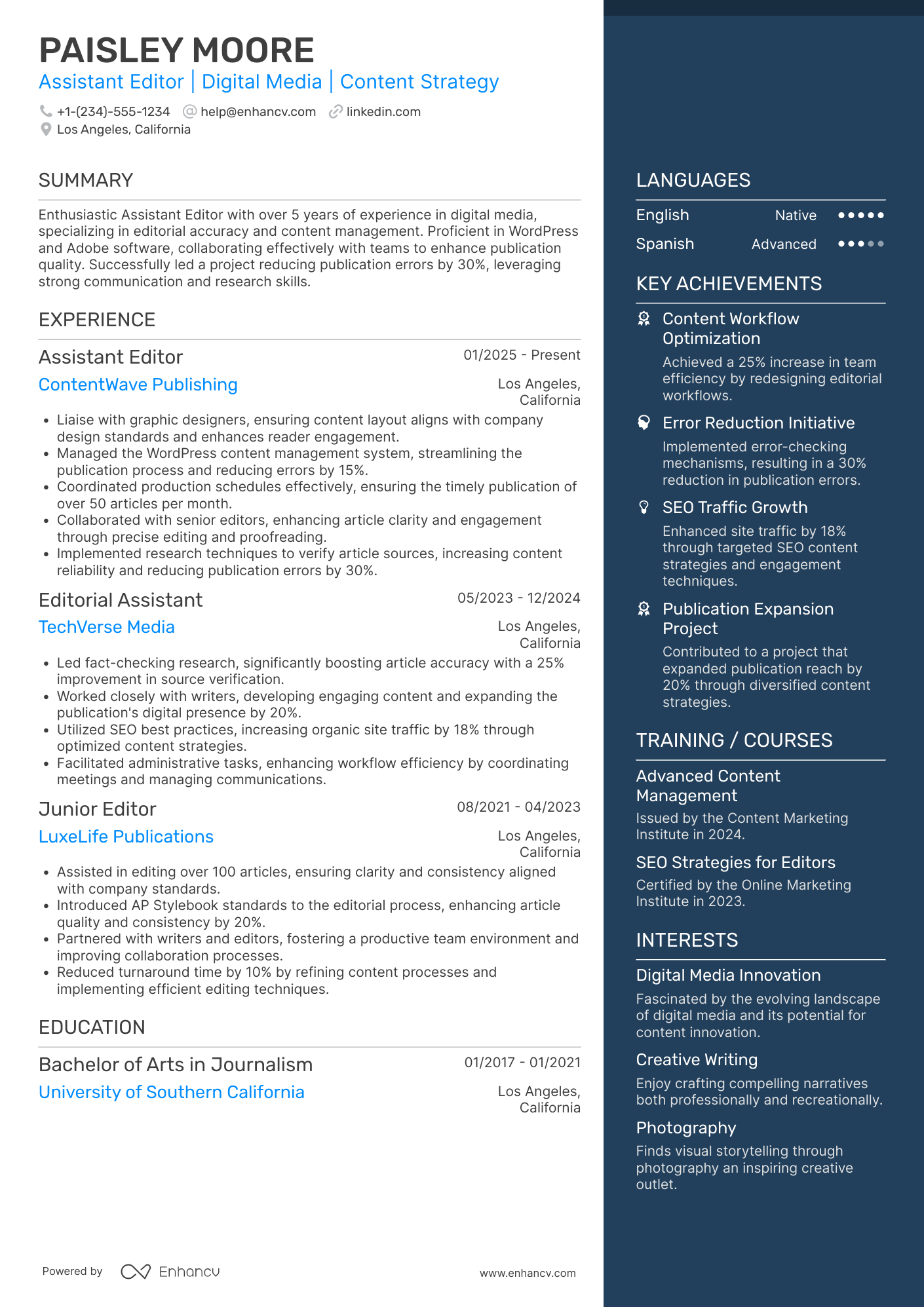 A resume example of a Assistant Editor