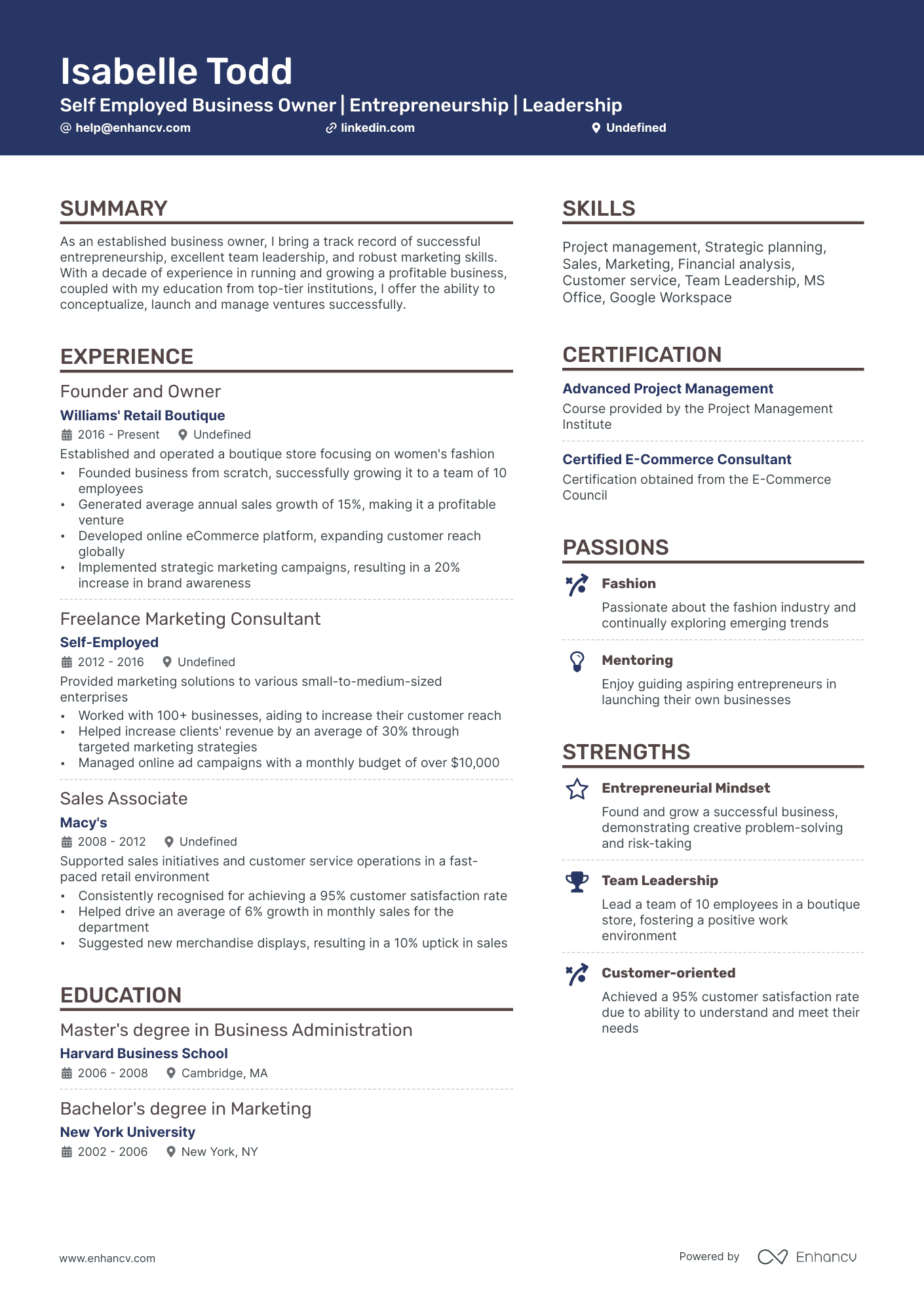 self employed work experience resume