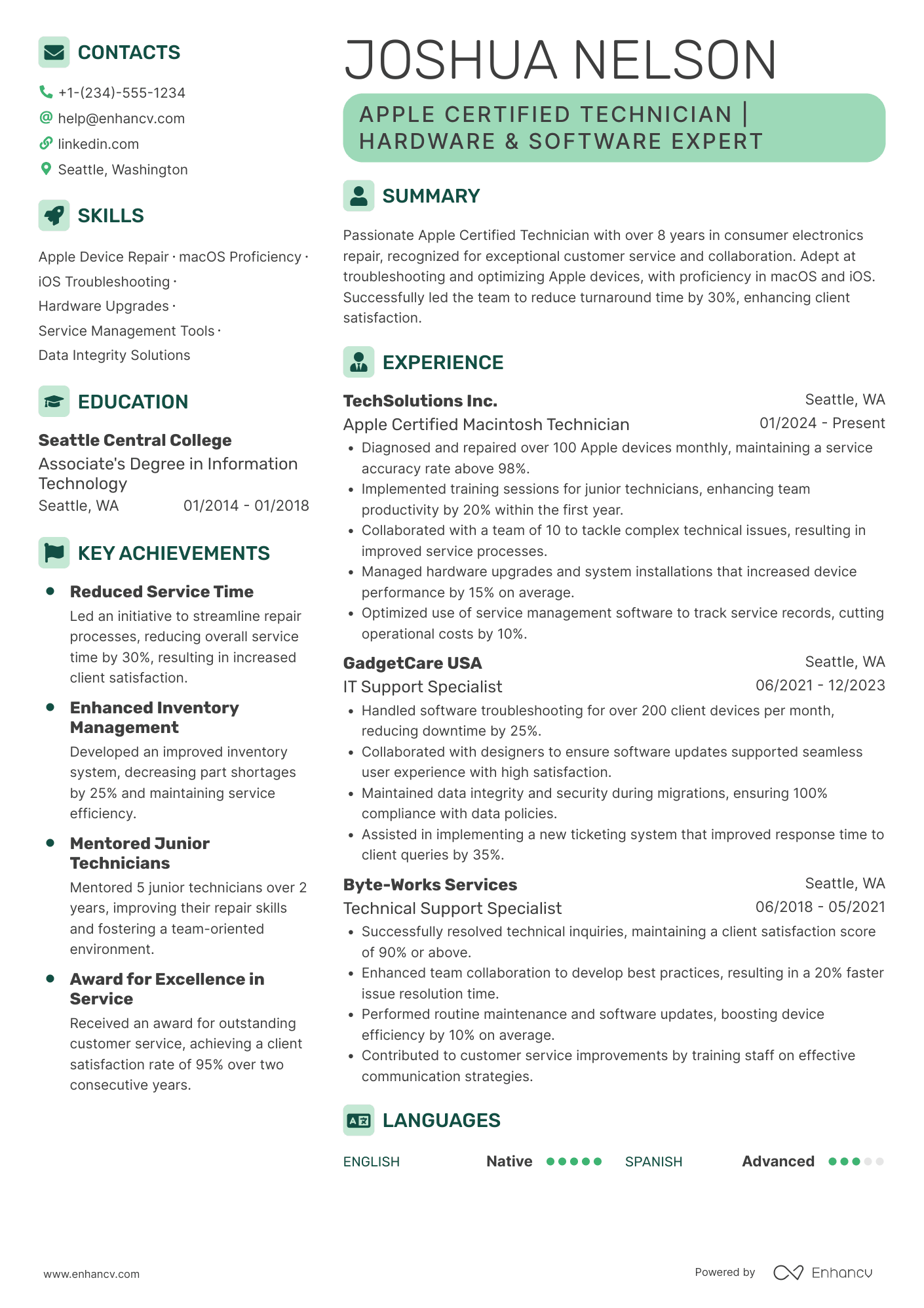 A resume example of a Apple Certified Macintosh Technician