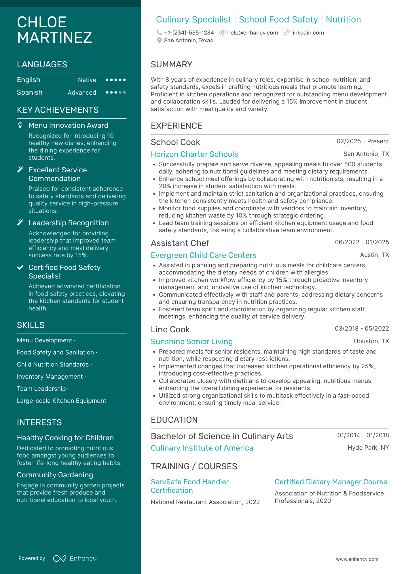 A resume example of a School Cook