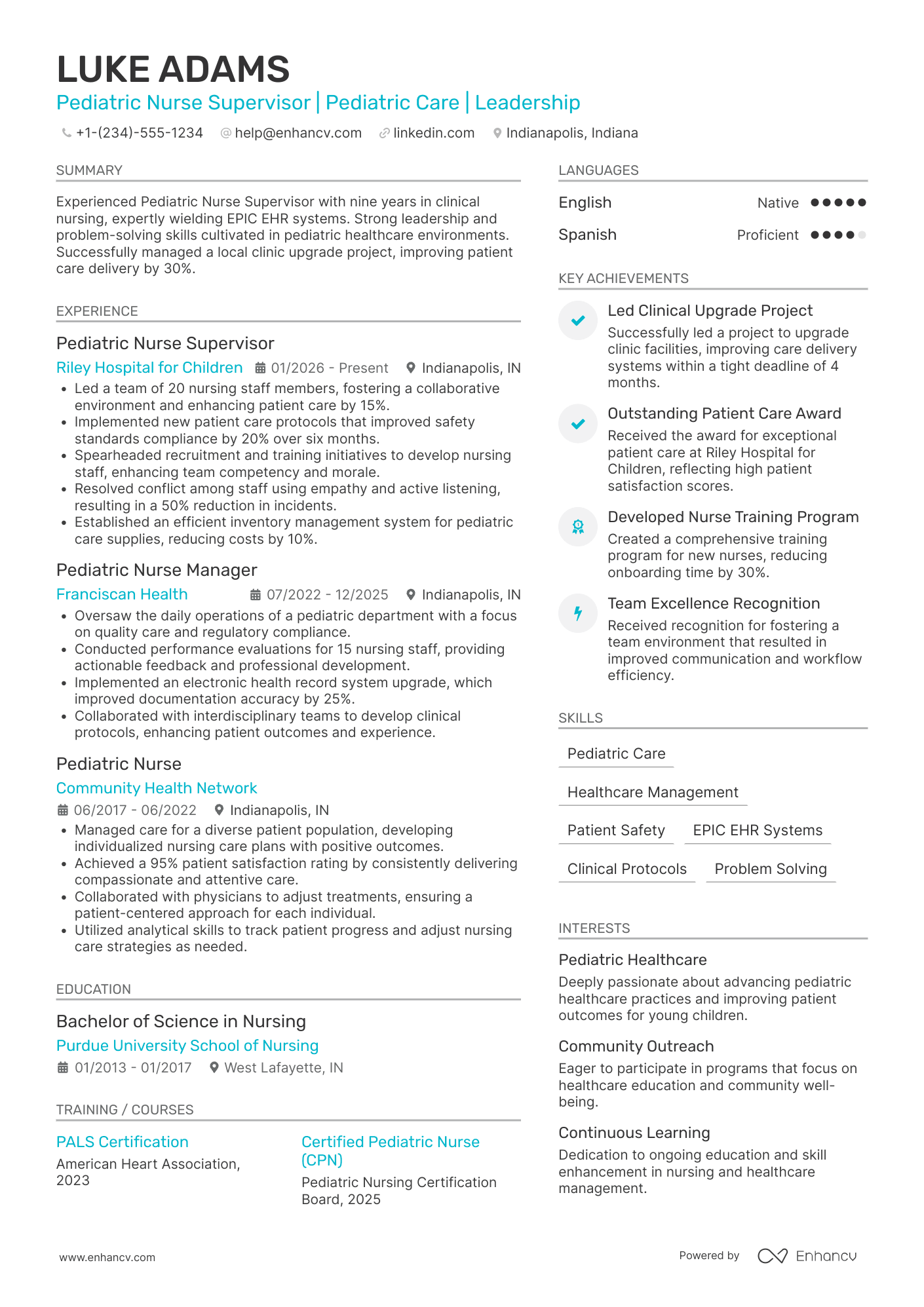 A resume example of a Pediatric Nurse Supervisor