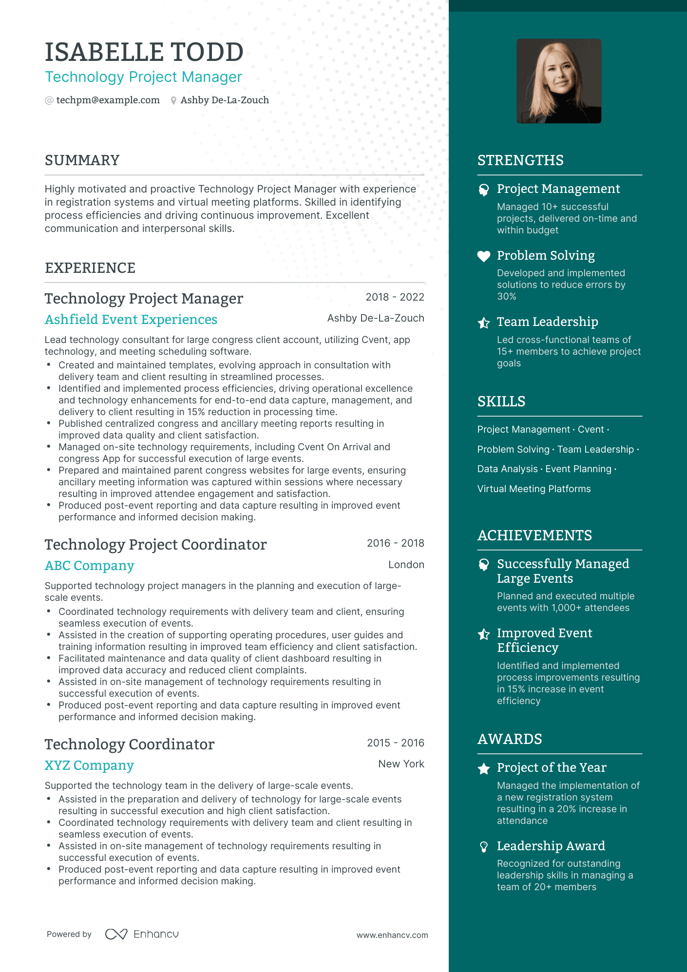 One Page Technology Project Manager Resume Template