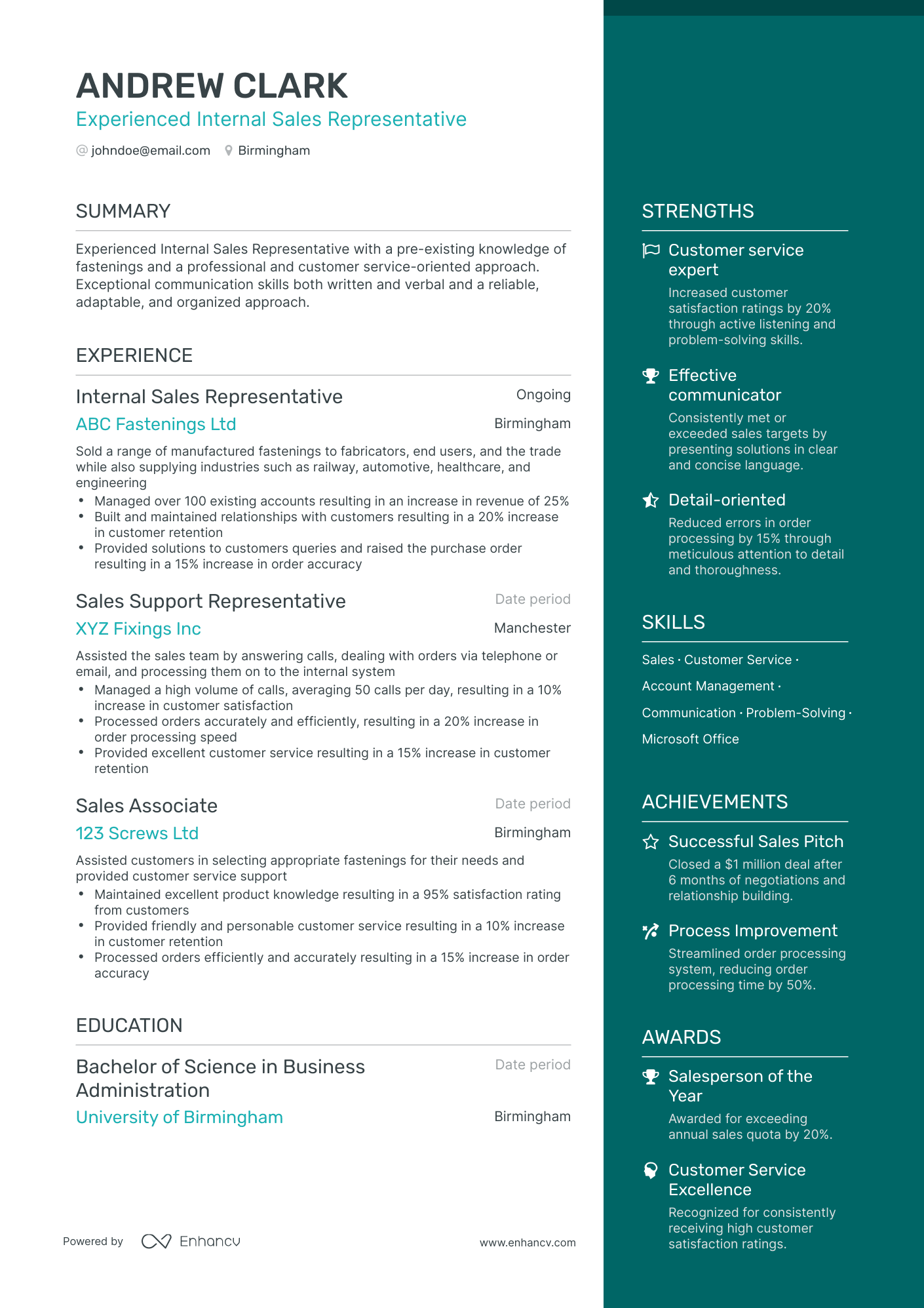 One Page Sales Support Representative Resume Template