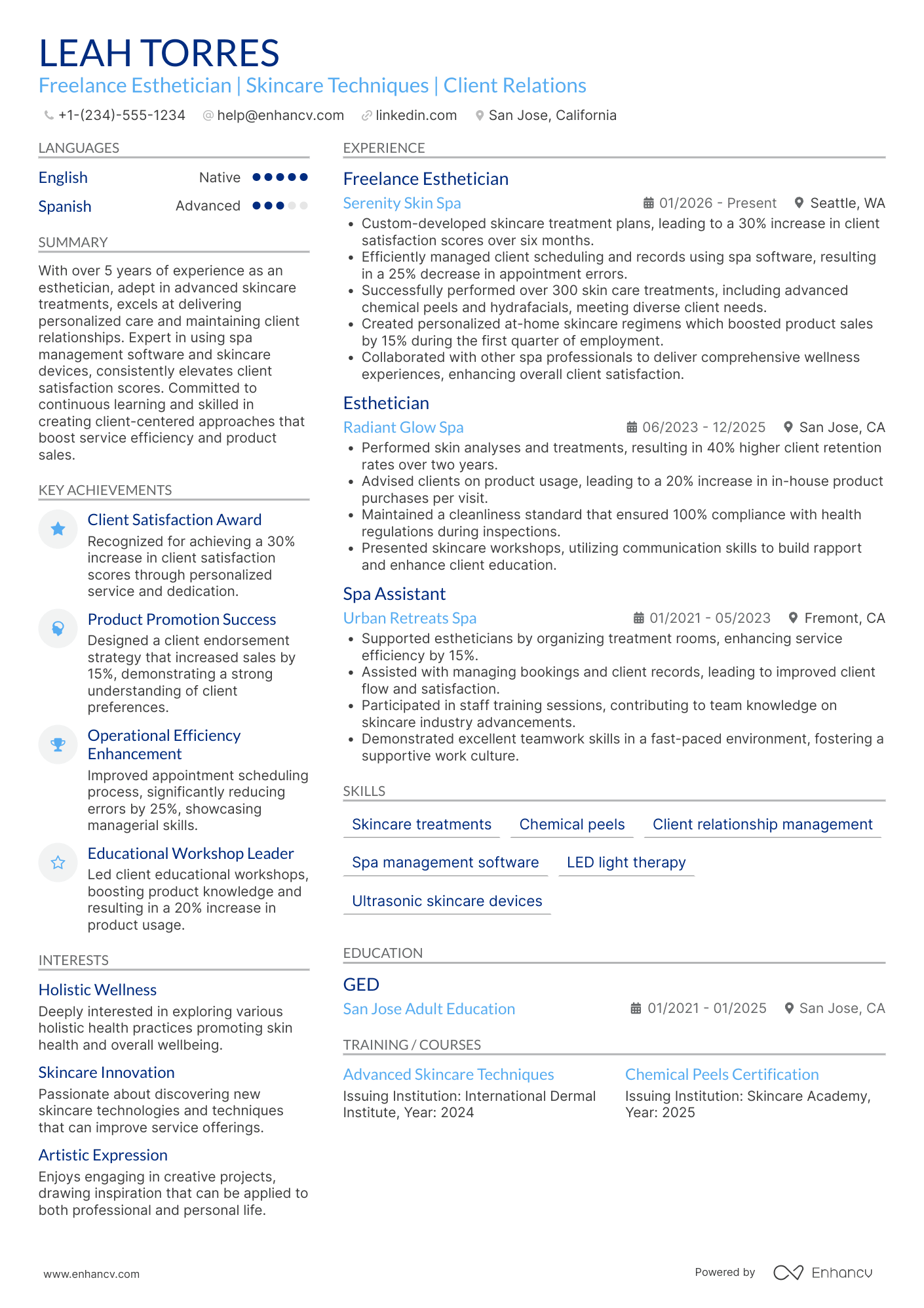 A resume example of a Freelance Esthetician