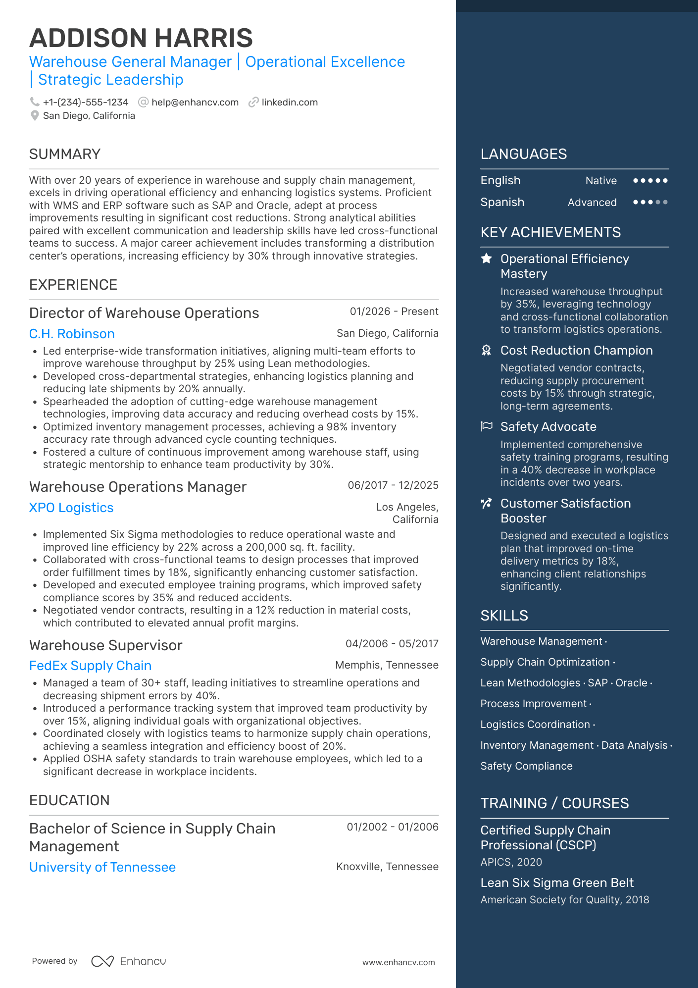 A resume example of a Warehouse General Manager