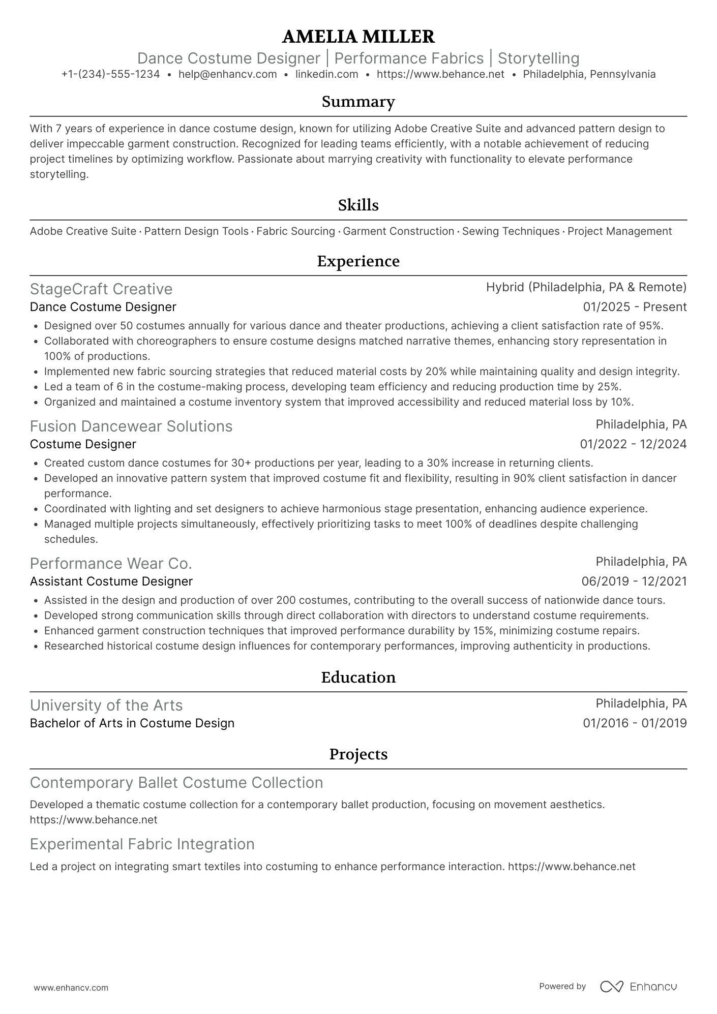 A resume example of a Dance Costume Designer