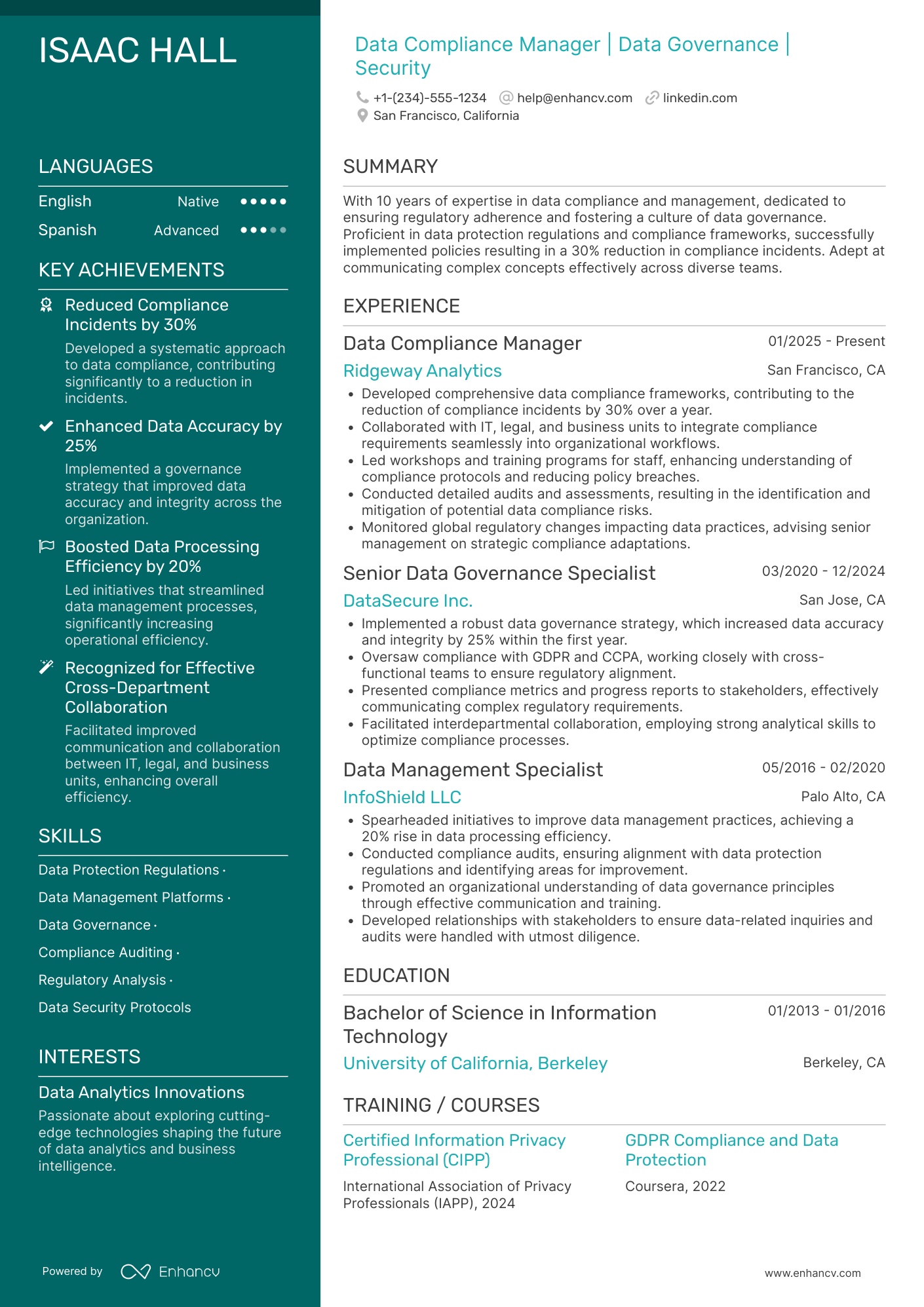 A resume example of a Data Compliance Manager