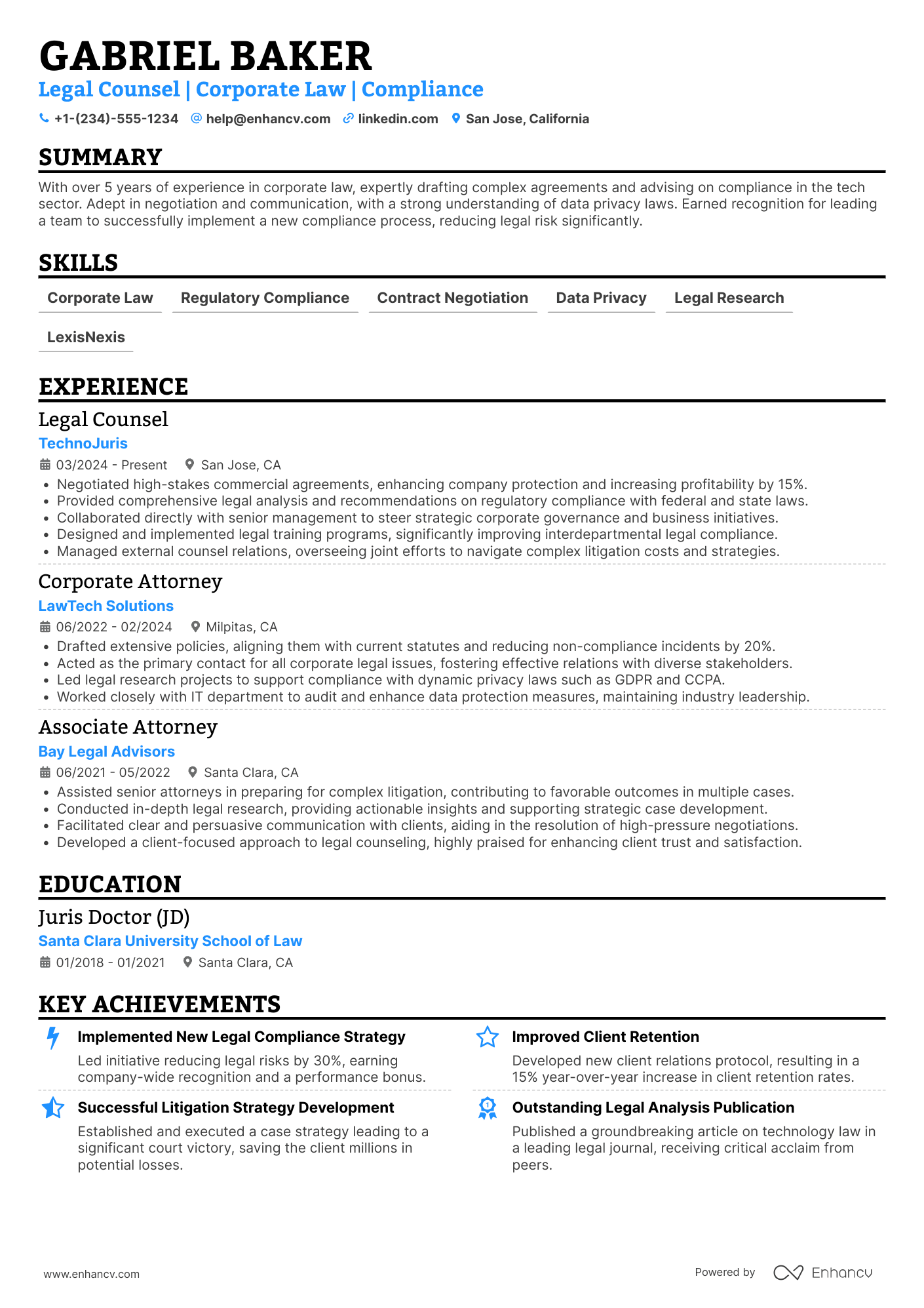 A resume example of a Legal Counsel