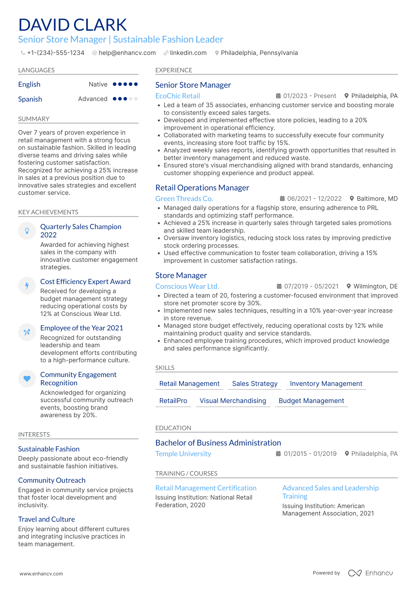 A resume example of a Senior Store Manager