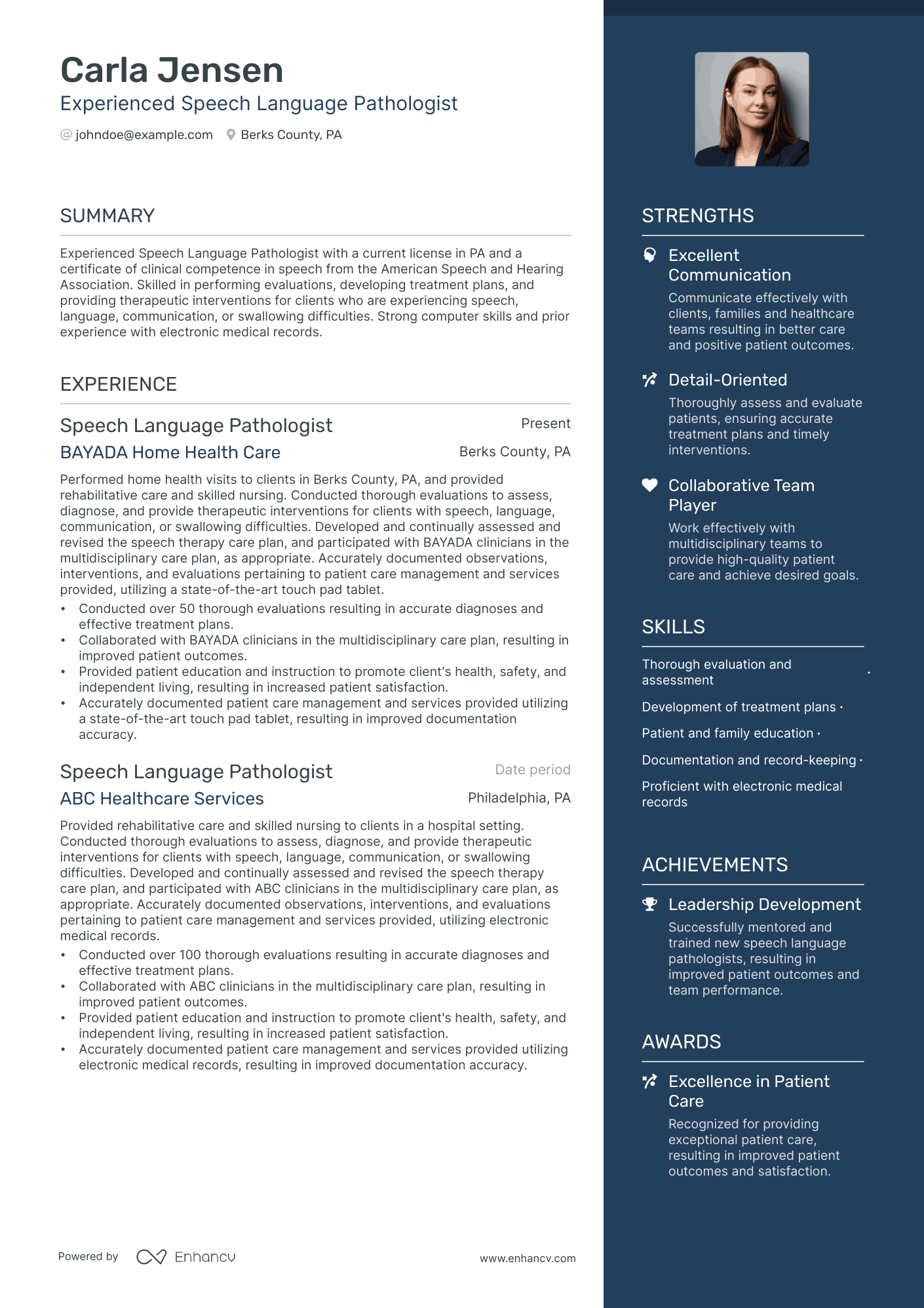 A resume example of a Speech Pathologist