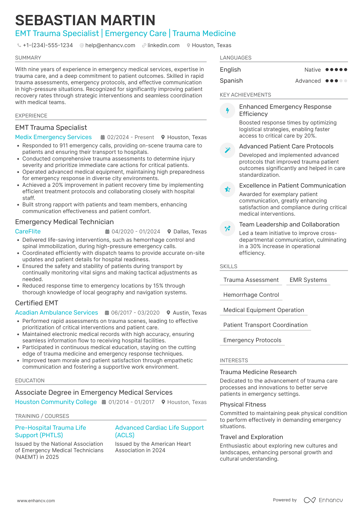 A resume example of a EMT Trauma Specialist
