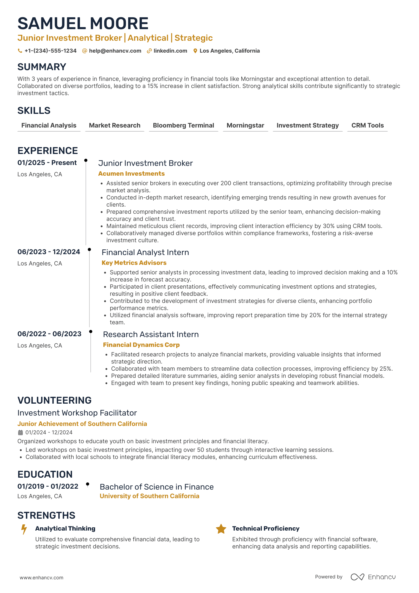 A resume example of a Junior Investment Broker