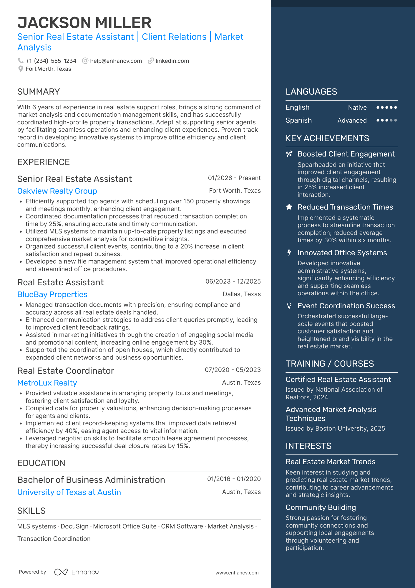 A resume example of a Senior Real Estate Assistant