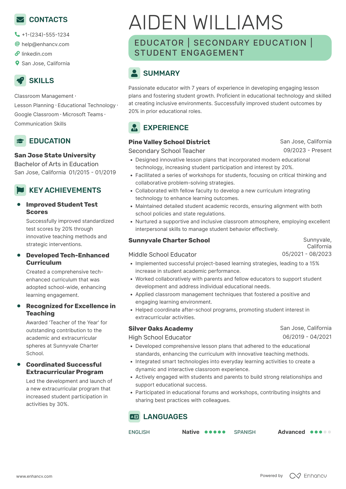 A resume example of a First Year Secondary Teacher