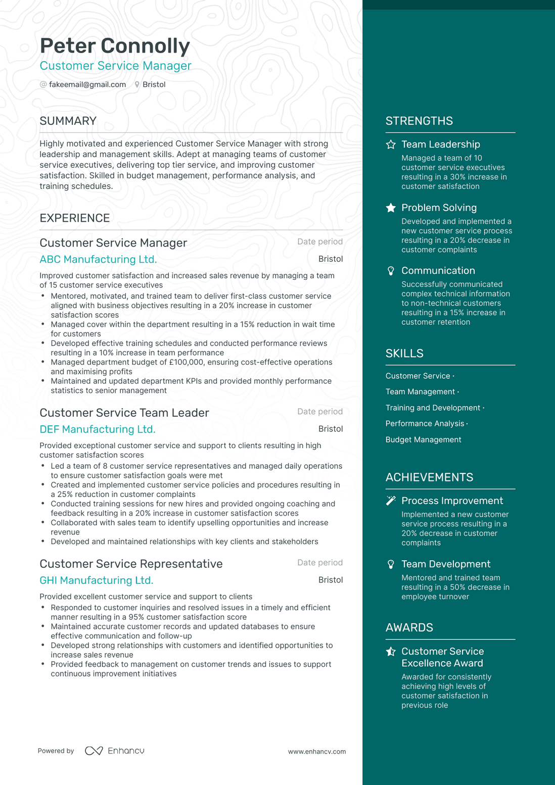 One Page Customer Service Manager Resume Template