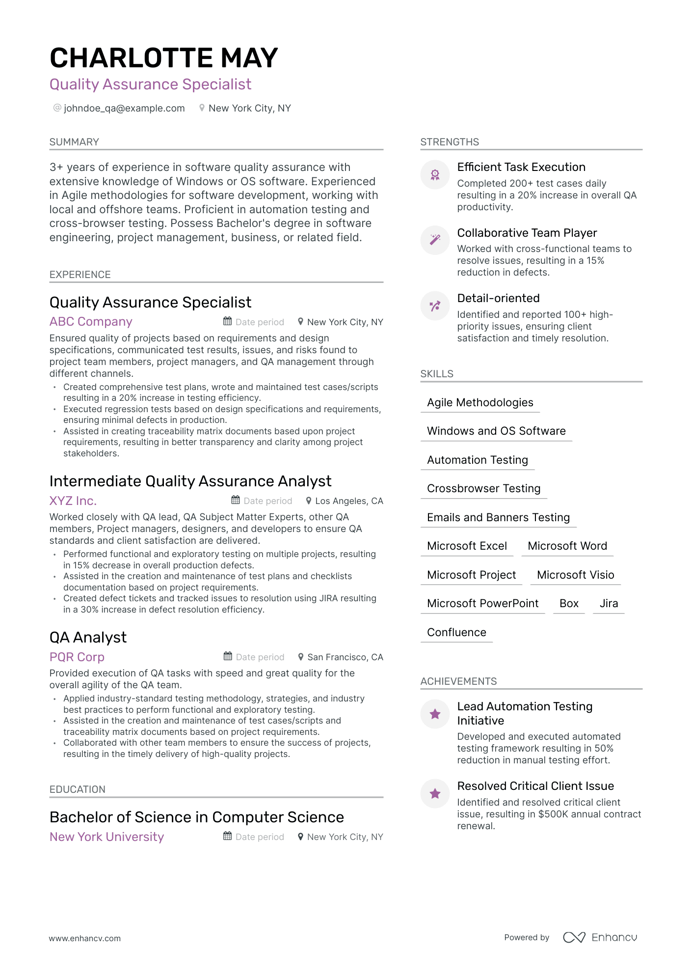 Modern Quality Assurance Specialist Resume Template