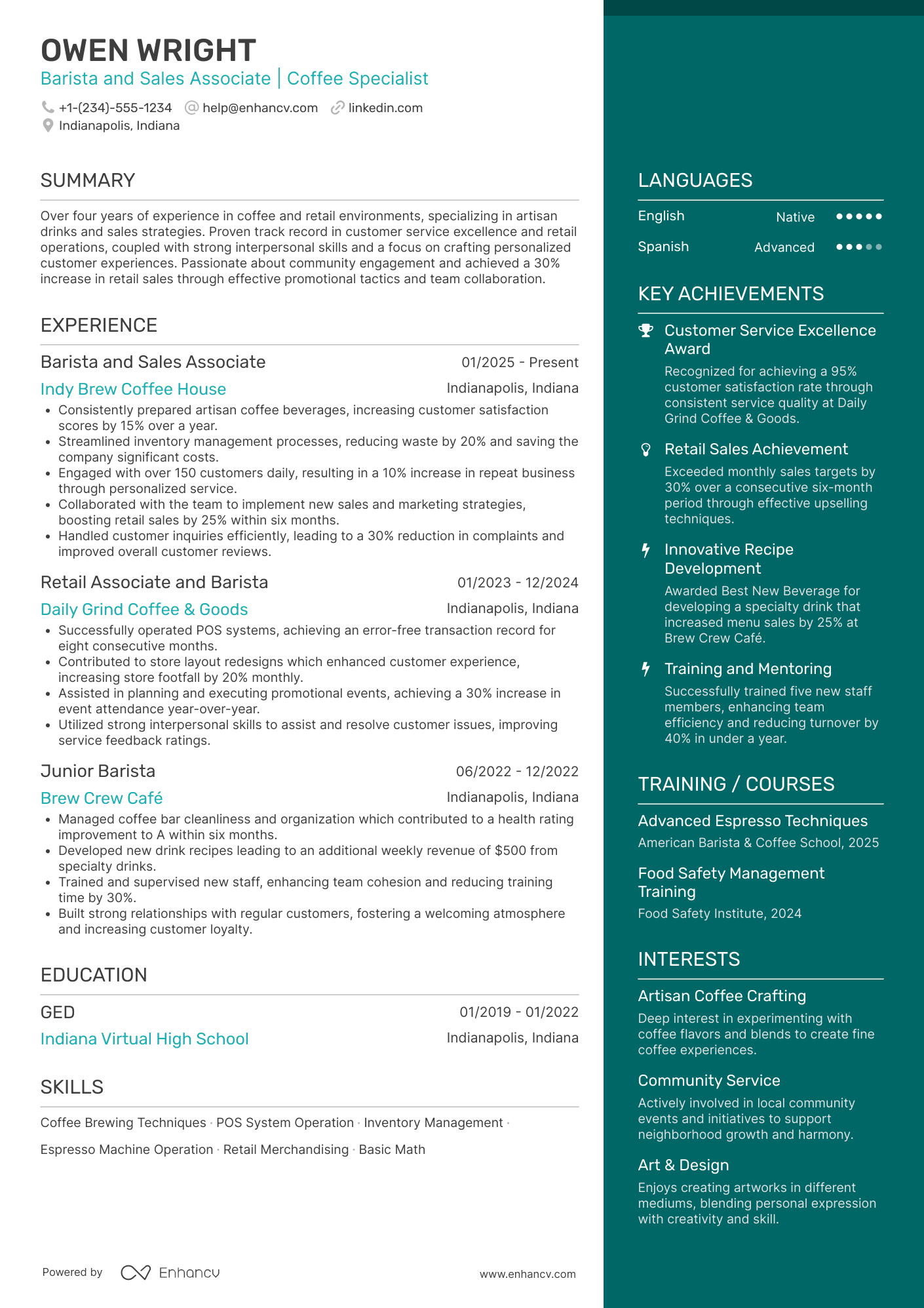 A resume example of a Barista and Sales Associate