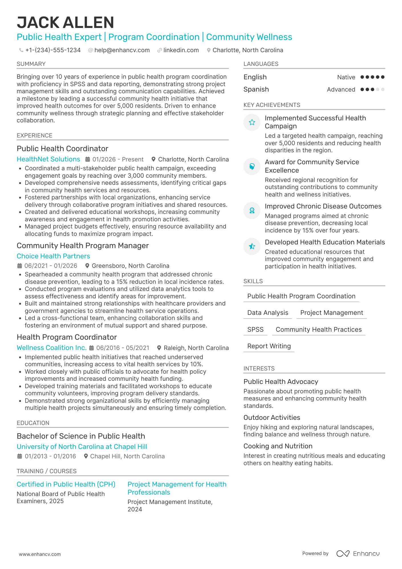 A resume example of a Public Health Coordinator
