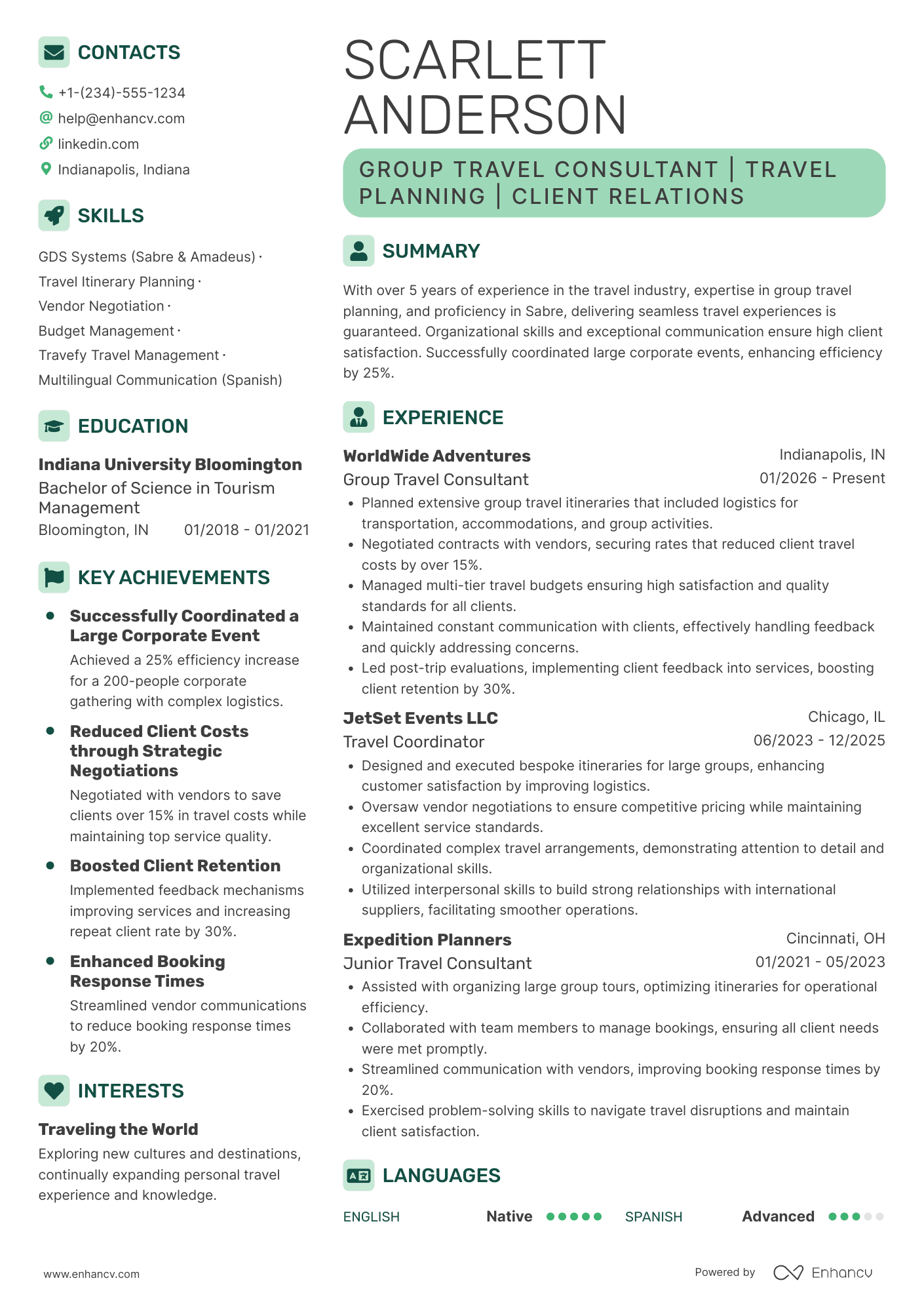 A resume example of a Group Travel Consultant