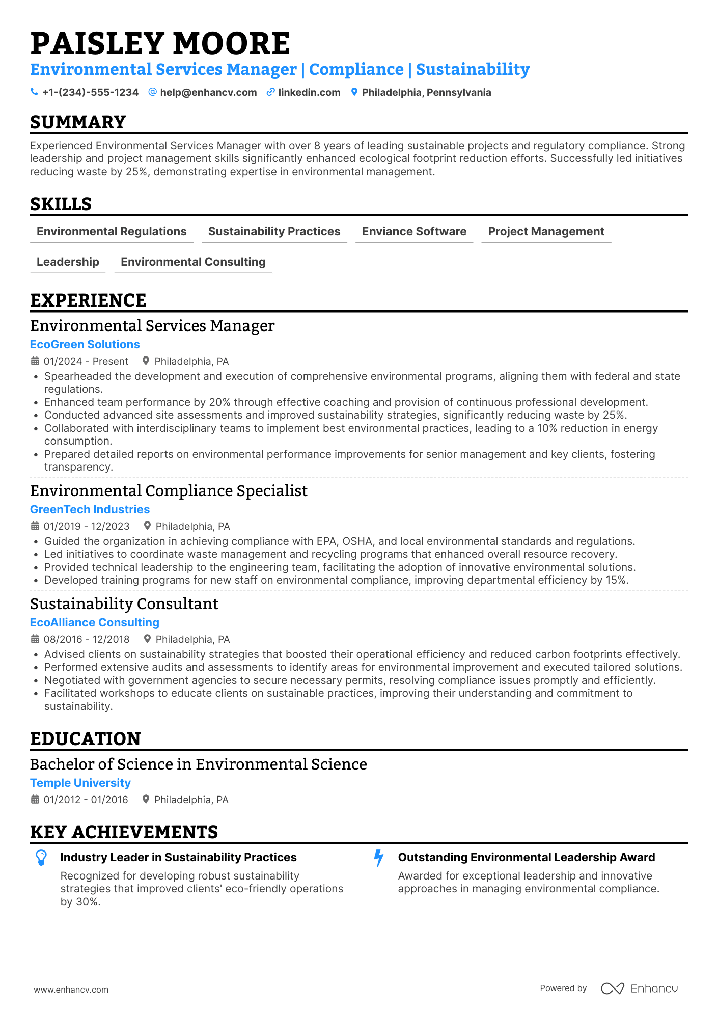 A resume example of a Environmental Services Manager
