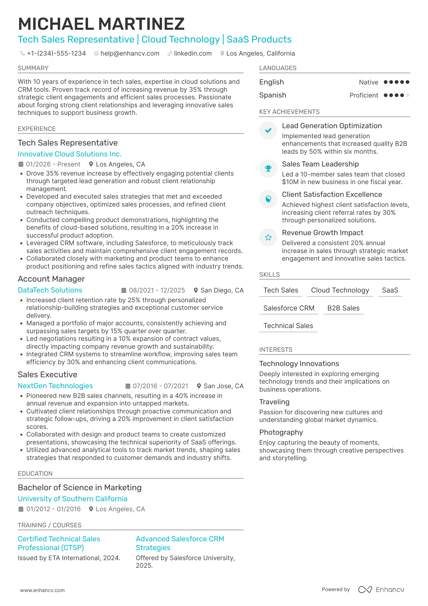 A resume example of a Tech Sales Representative