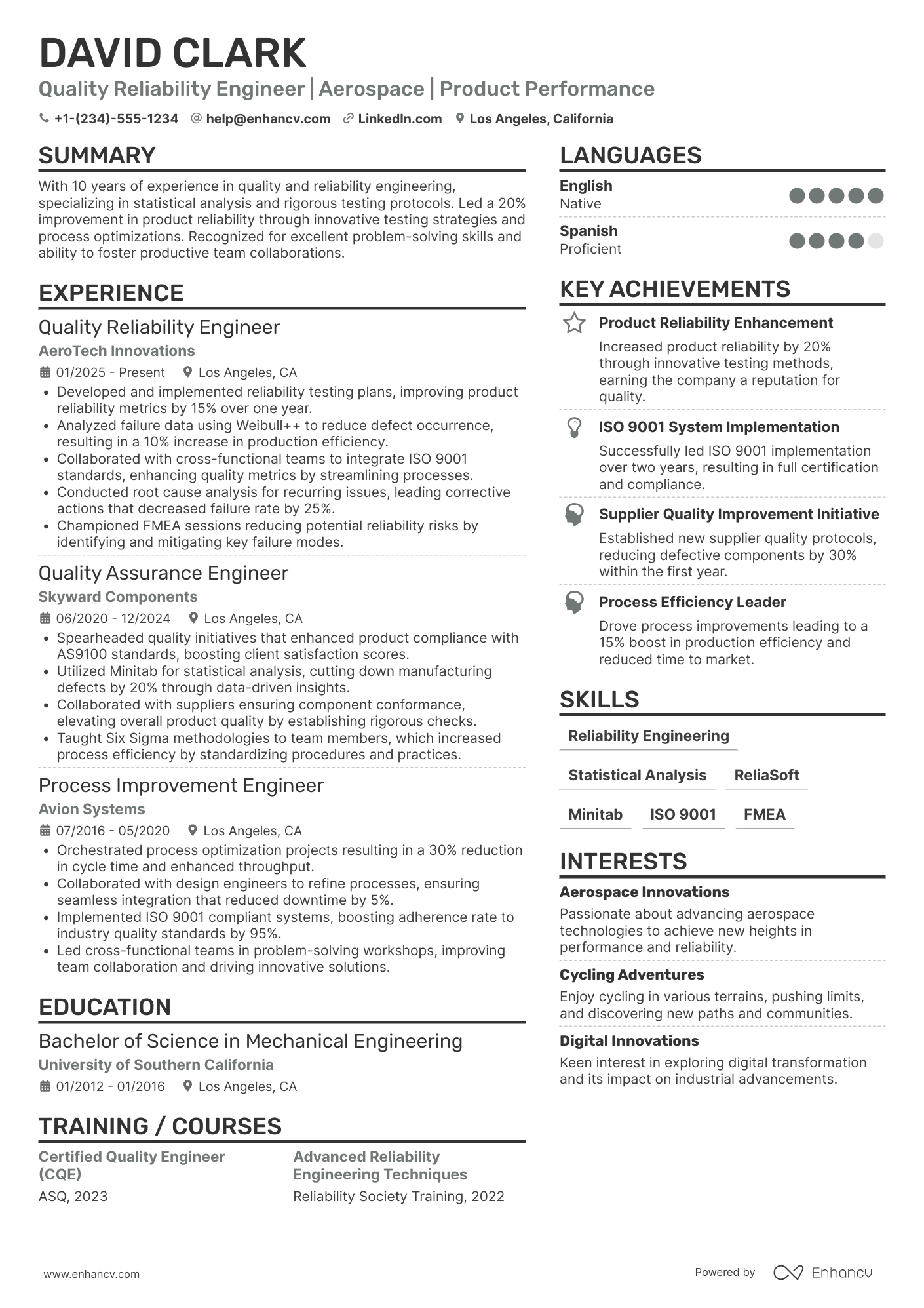 A resume example of a Quality Reliability Engineer