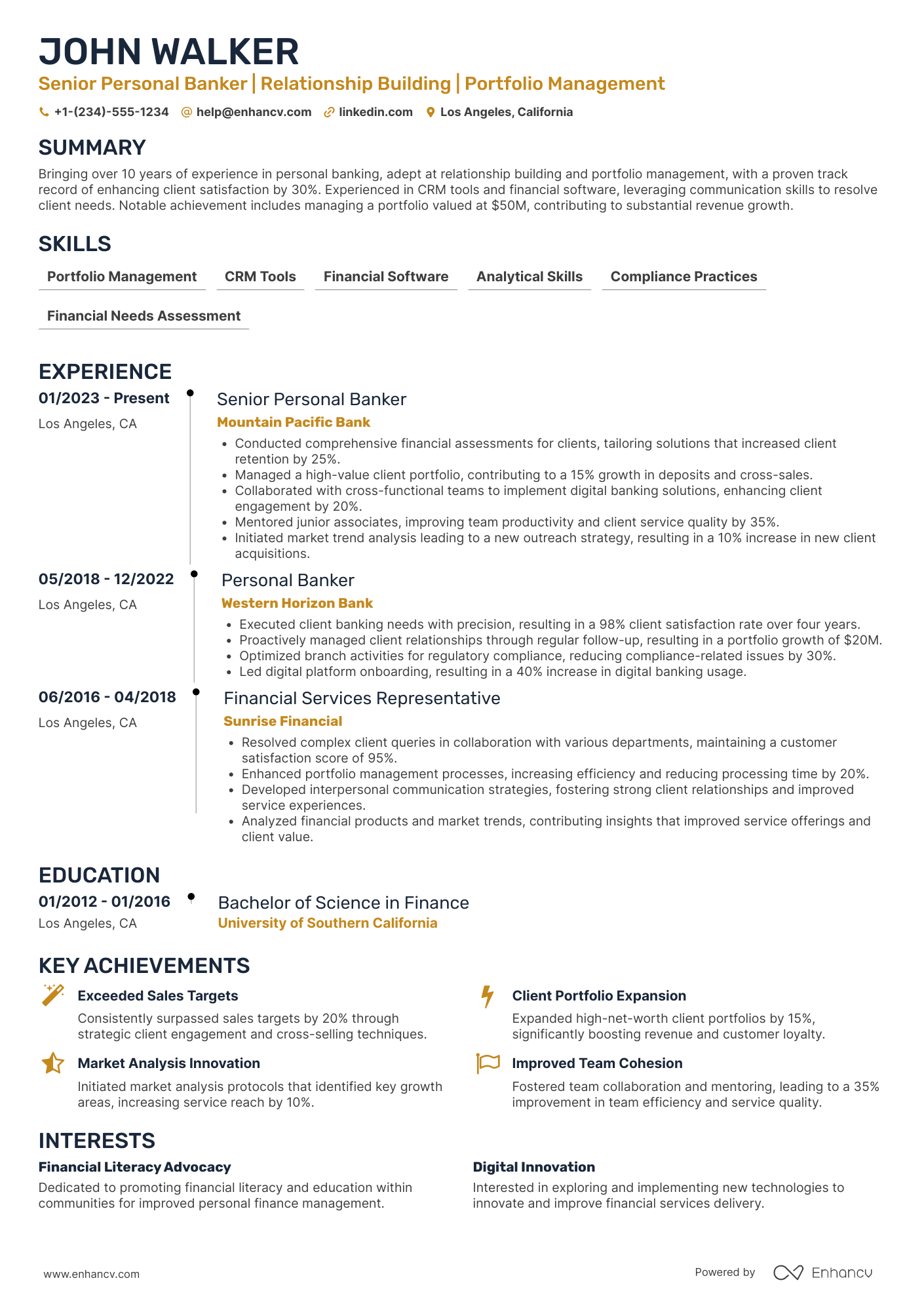 A resume example of a Senior Personal Banker