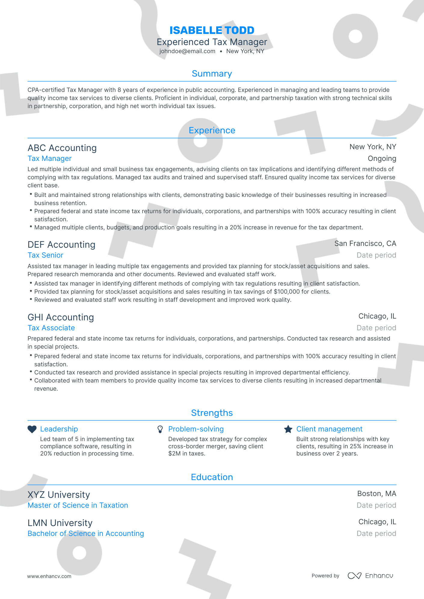 Traditional Tax Manager Resume Template