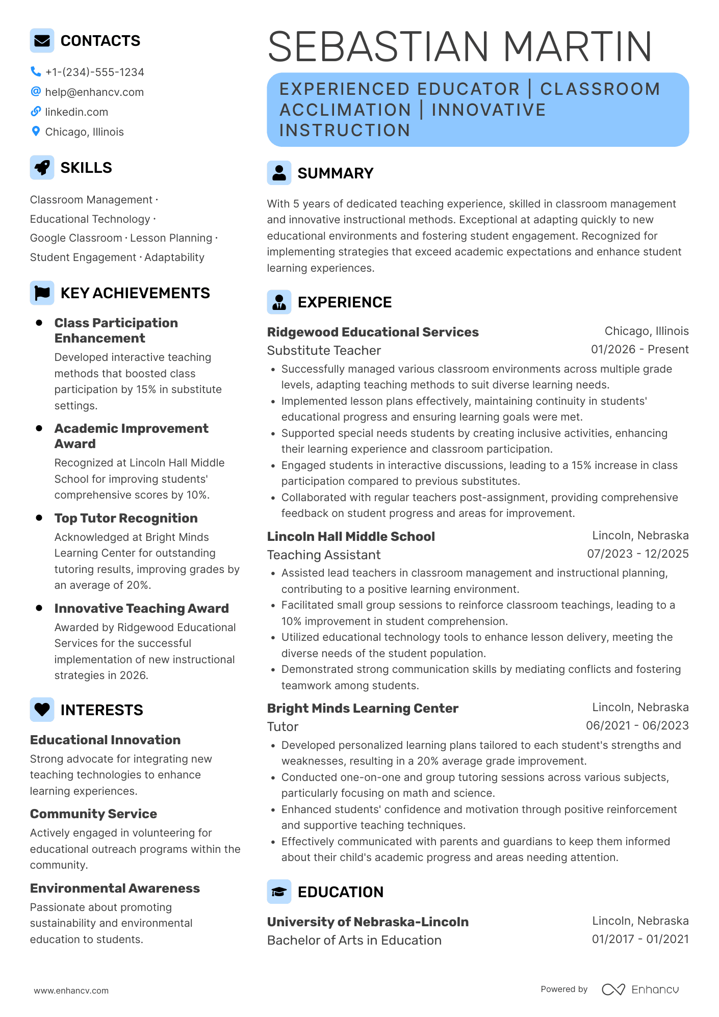 A resume example of a Emergency Substitute Teacher