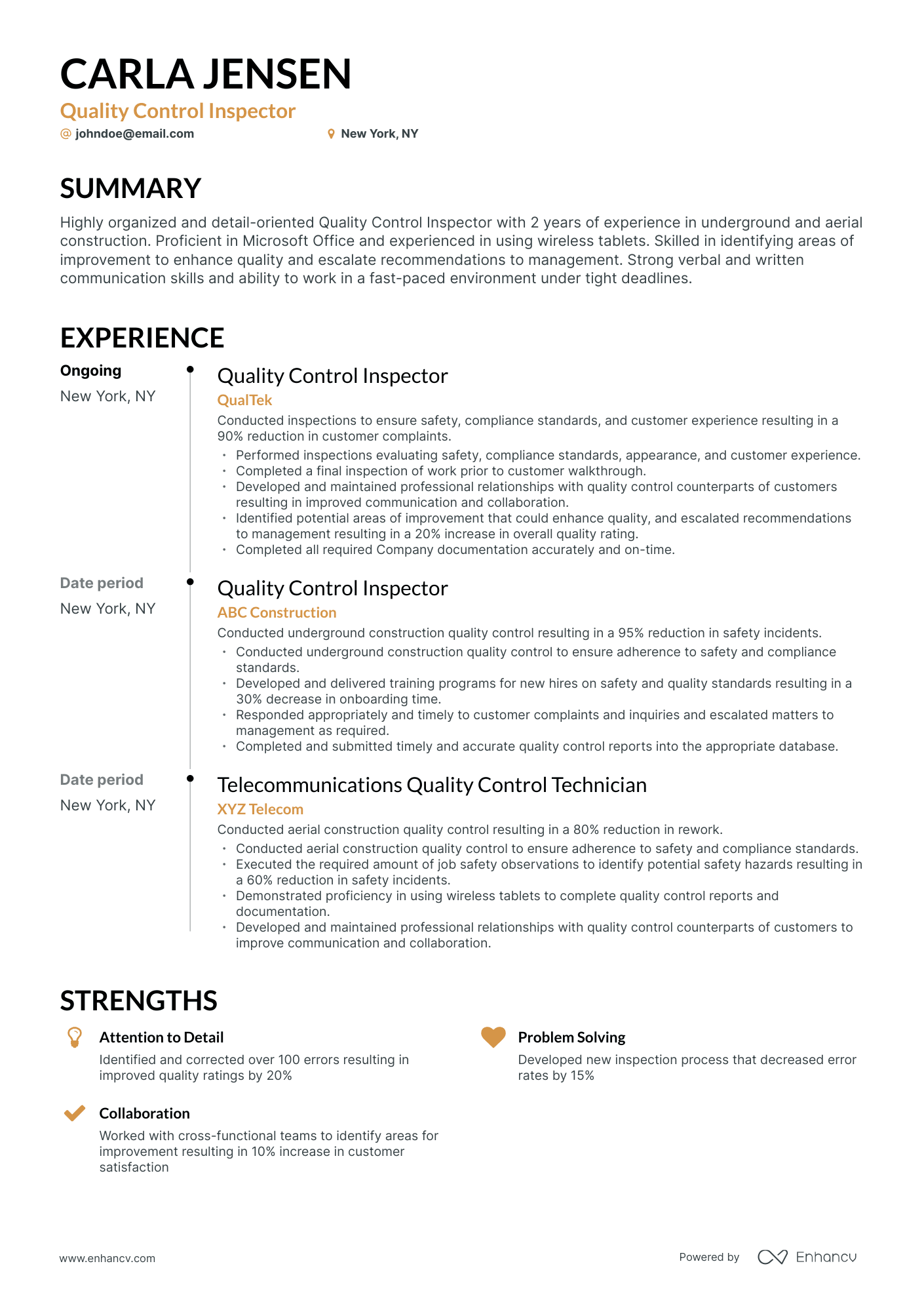 Timeline Quality Control Inspector Resume Template