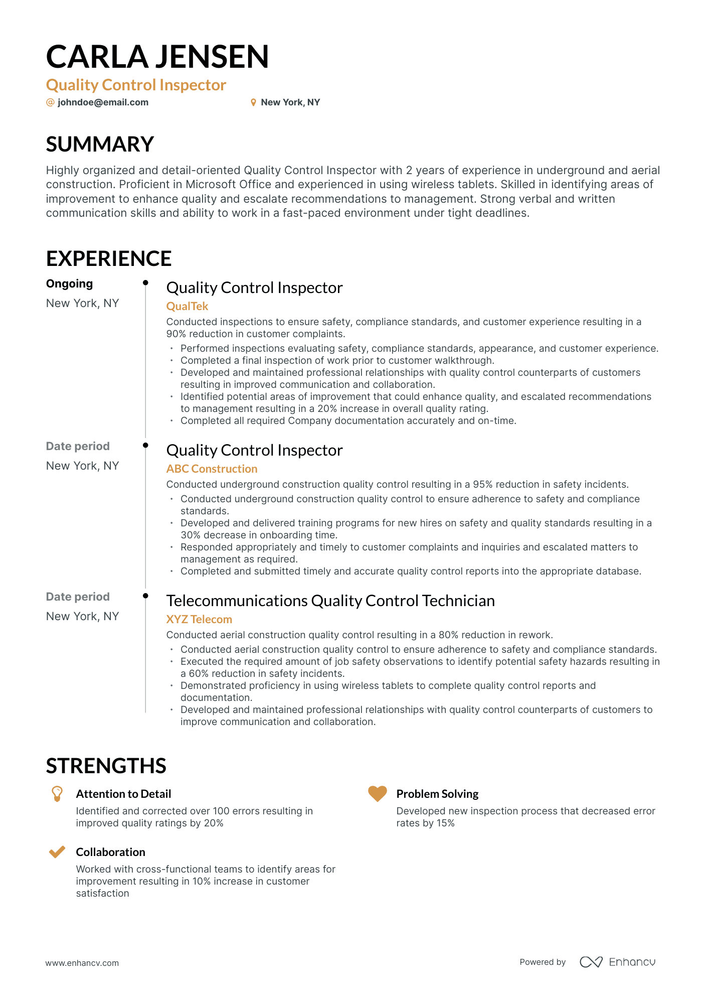 resume format for quality inspector