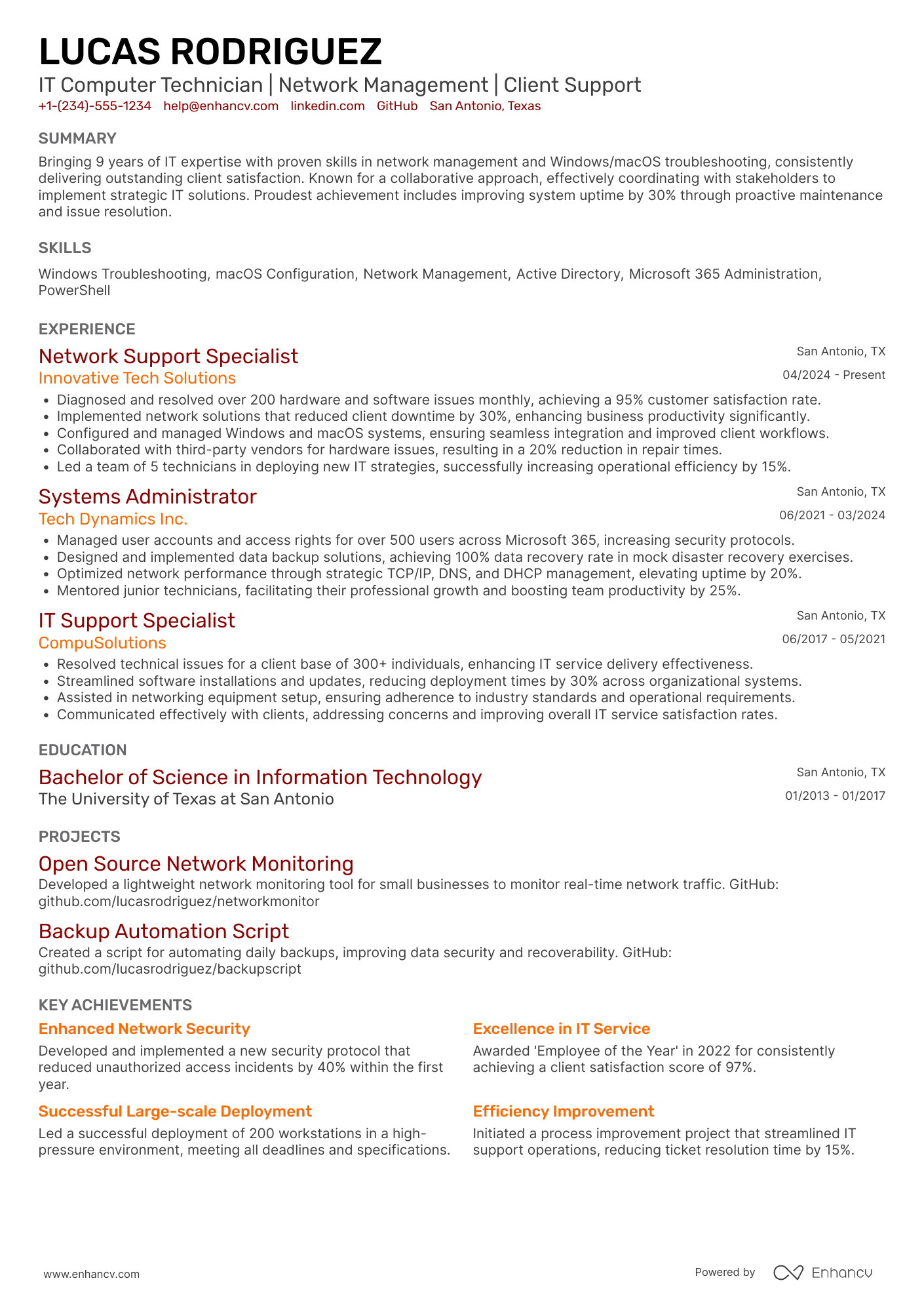 A resume example of a IT Computer Technician
