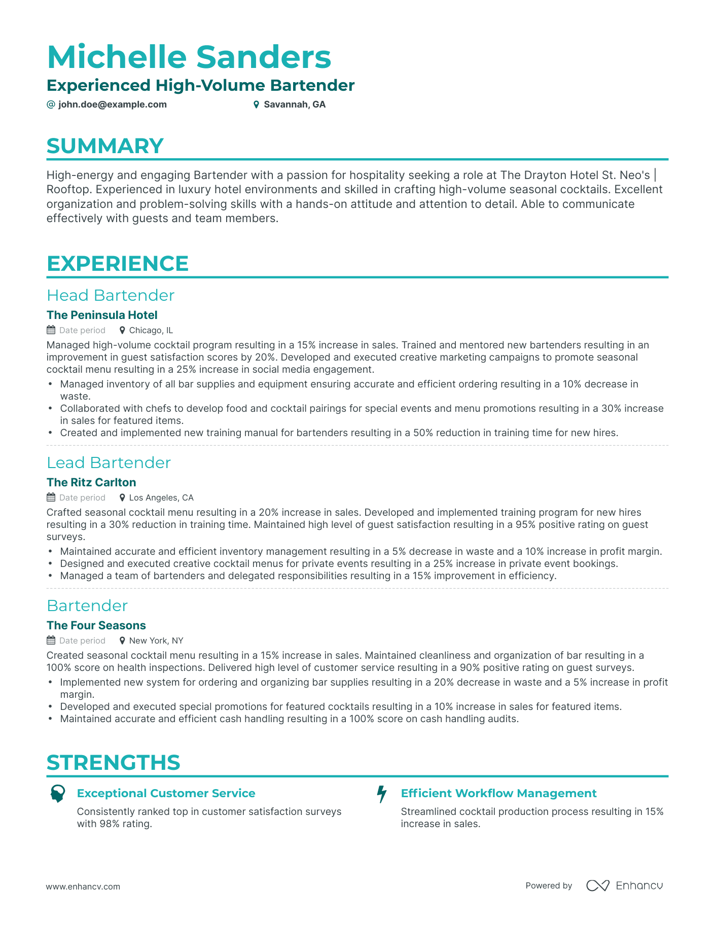 Classic High Volume Bartender Resume Template