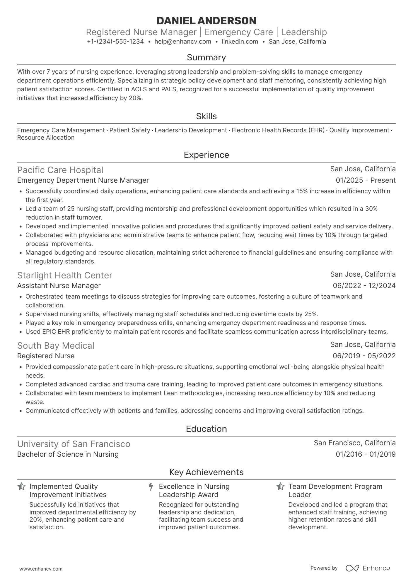A resume example of a Emergency Department Nurse Manager