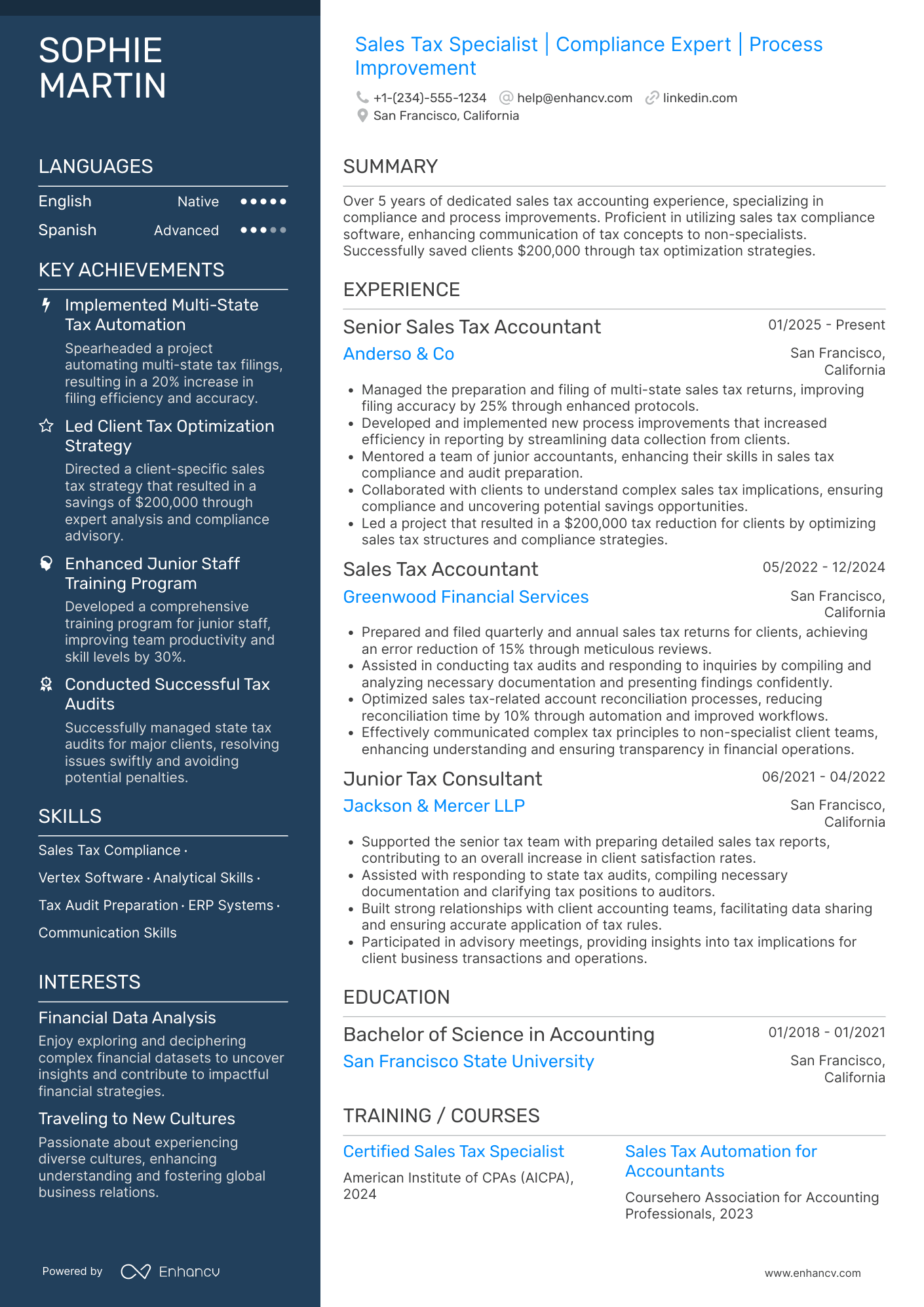 A resume example of a Sales Tax Accountant