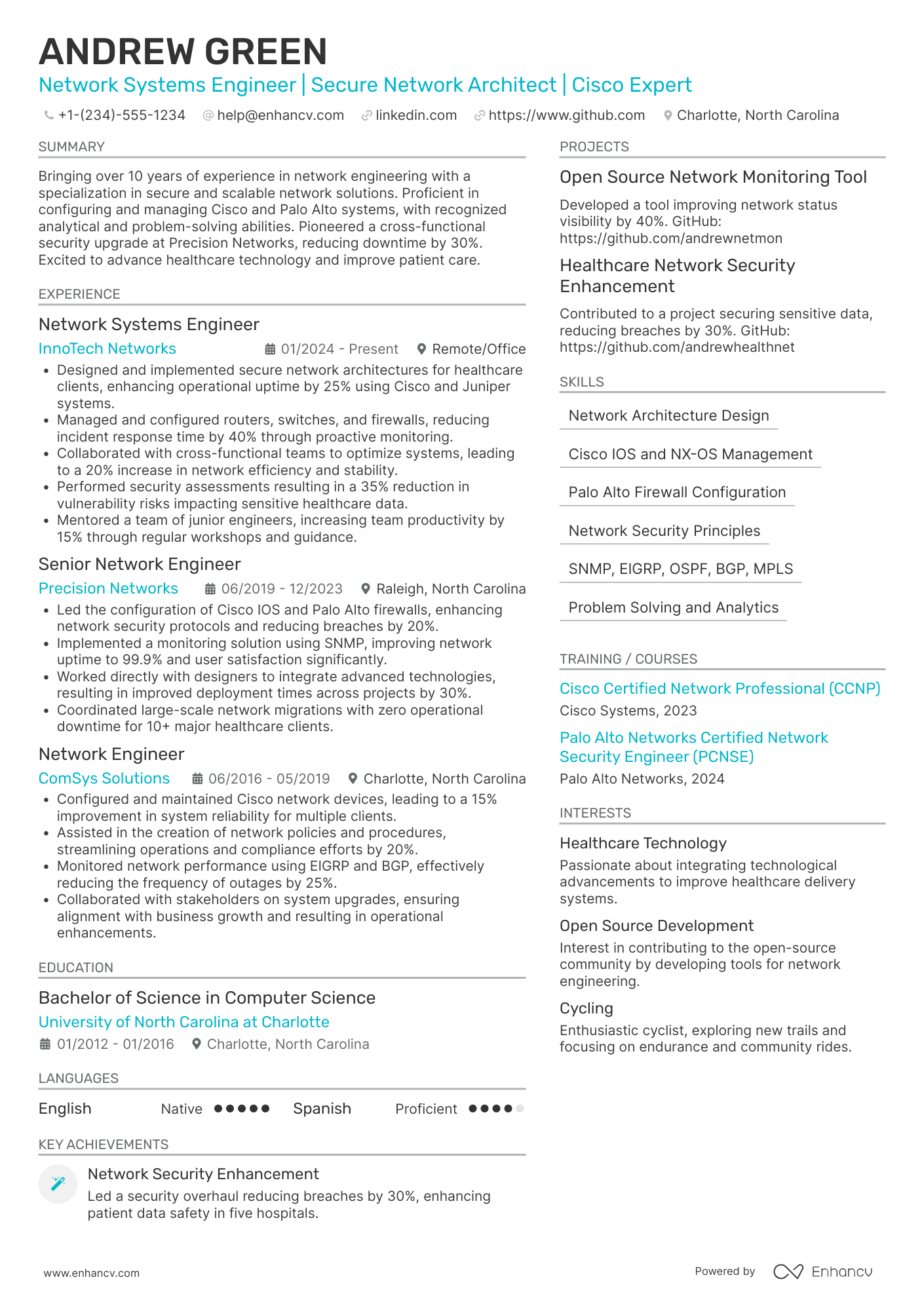 A resume example of a Network Systems Engineer