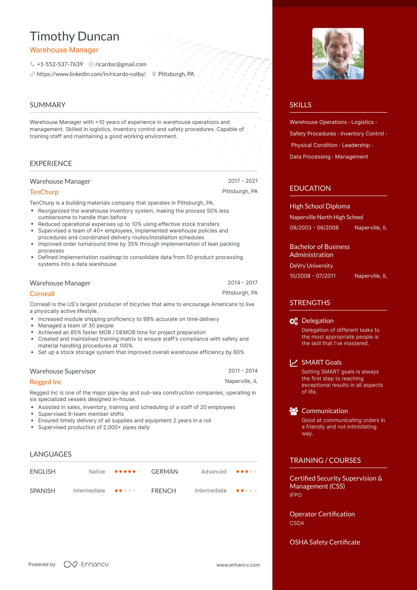 One Page Warehouse Manager Resume Template