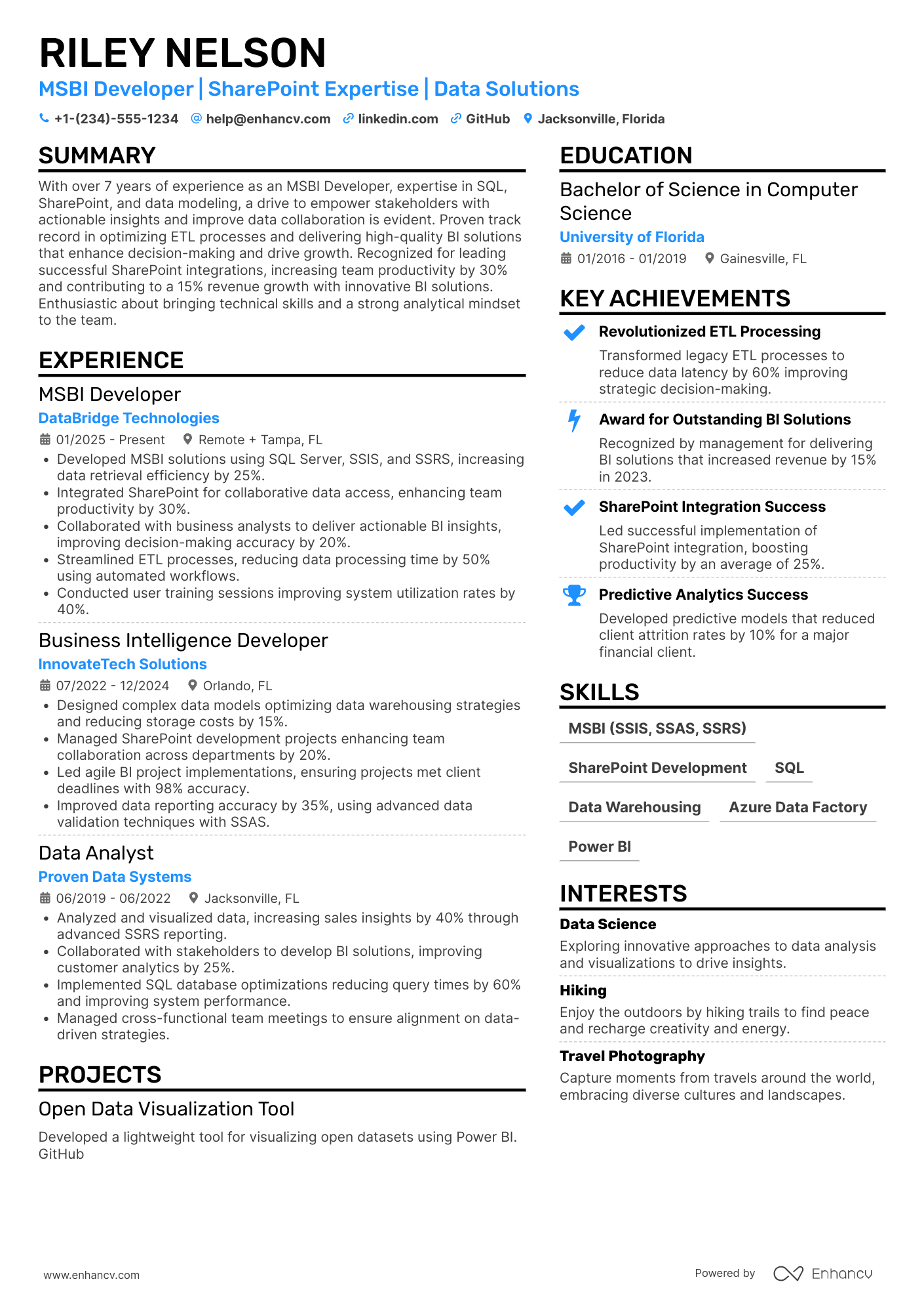A resume example of a MSBI Developer with Sharepoint Experience