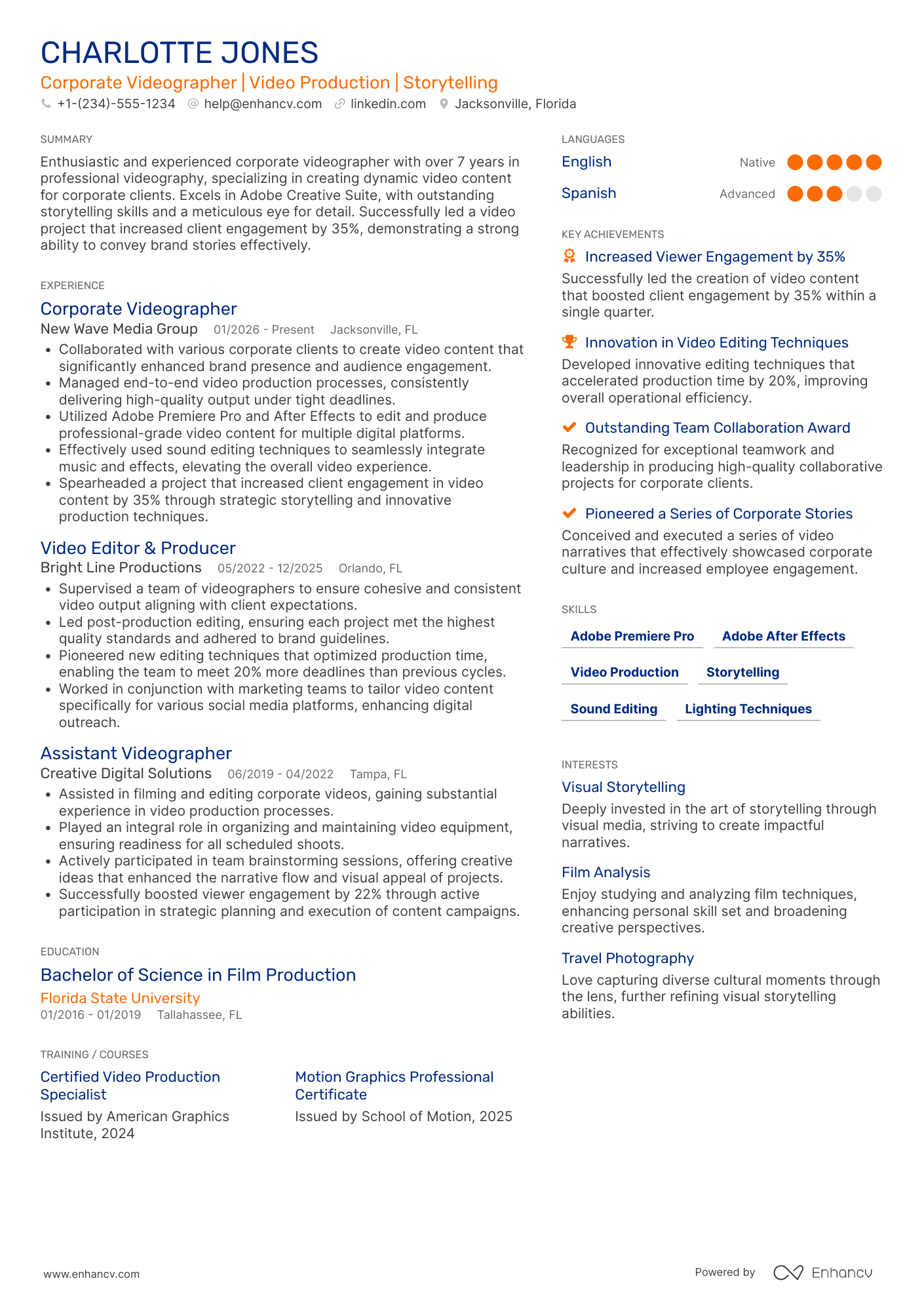 A resume example of a Corporate Videographer