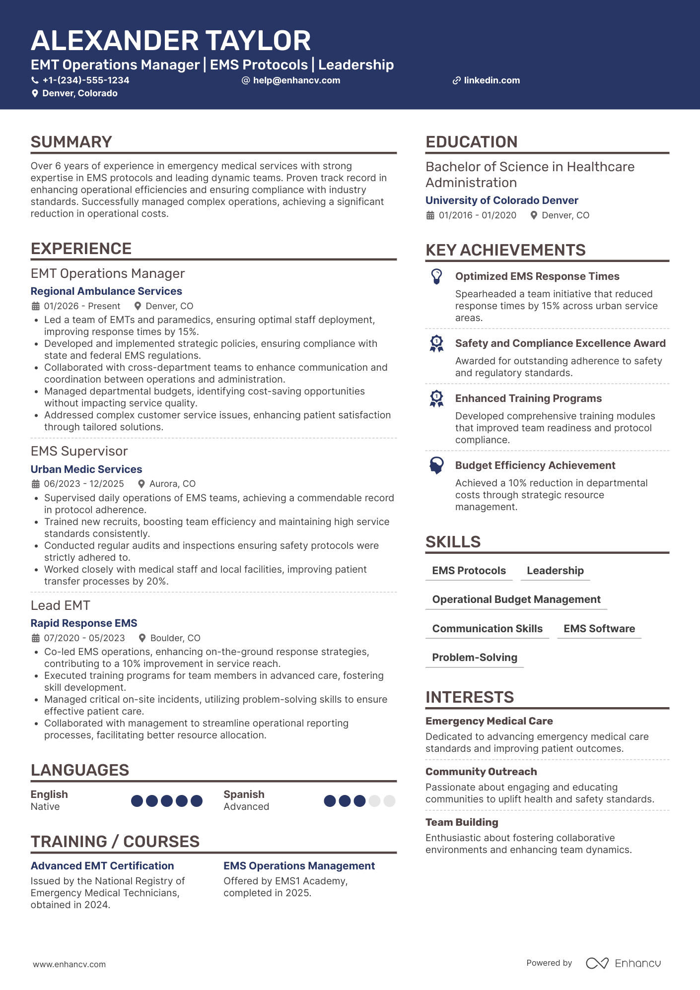 A resume example of a EMT Operations Manager
