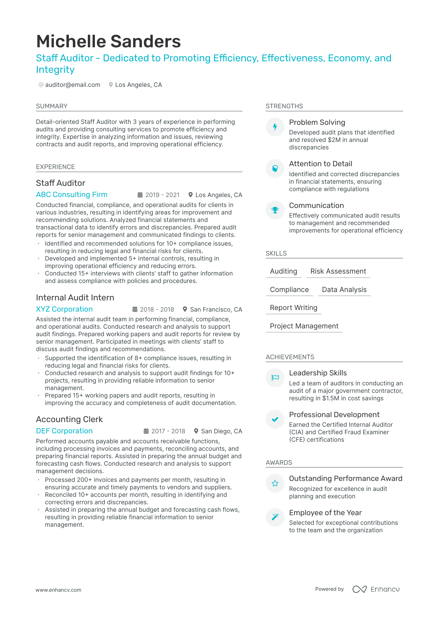 A resume example of a Staff Auditor