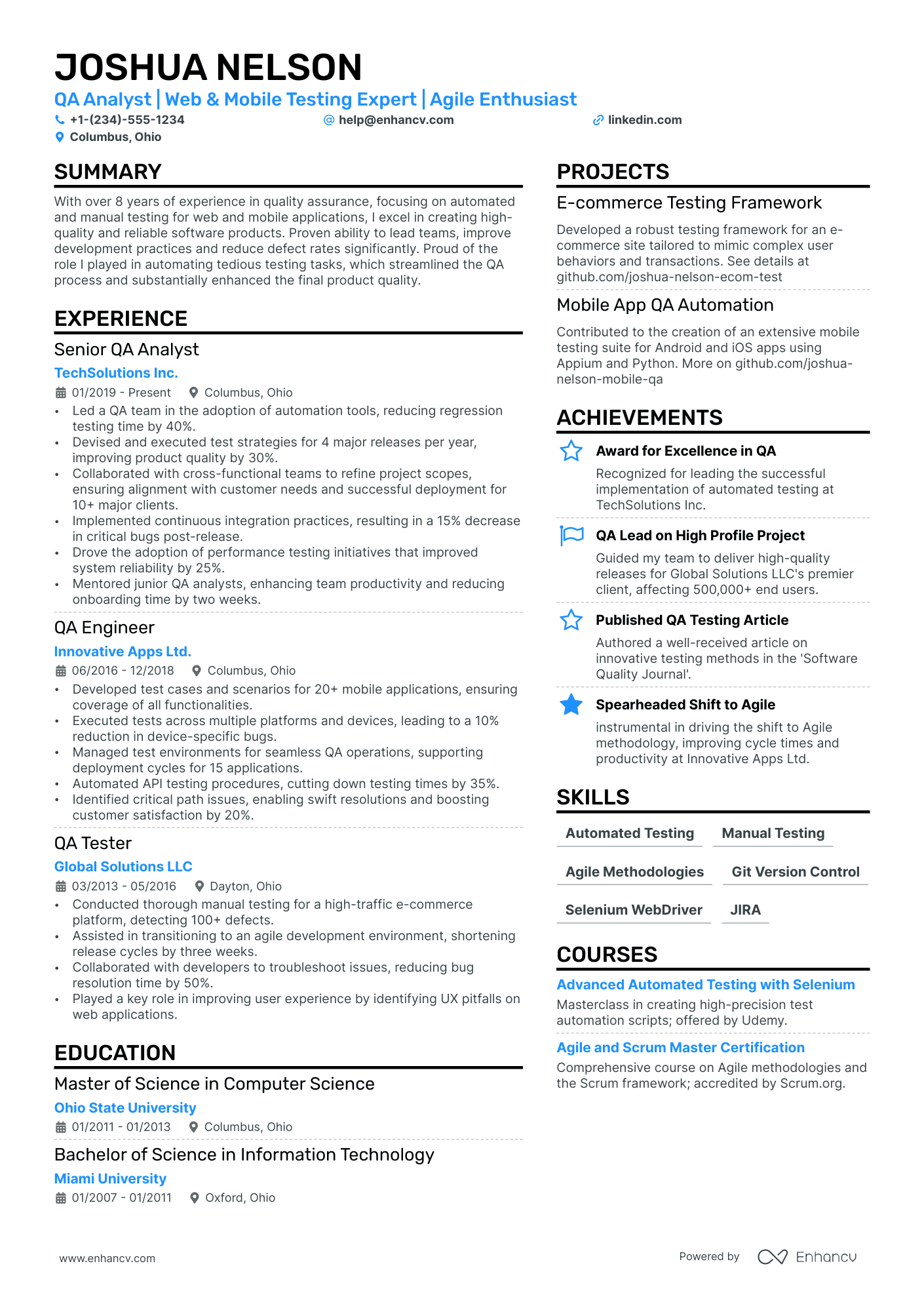 A resume example of a QA Analyst