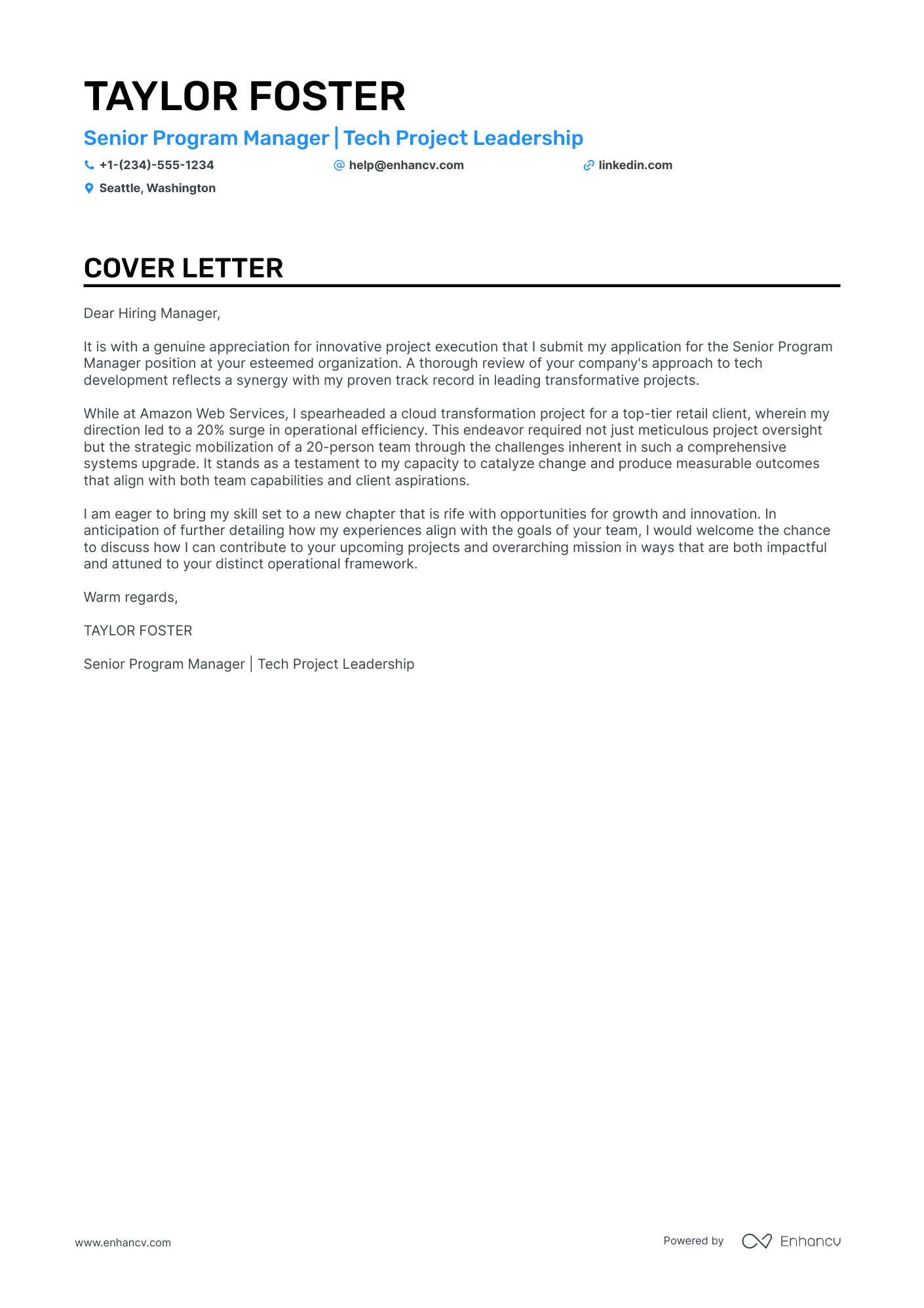 sample cover letter for senior program manager