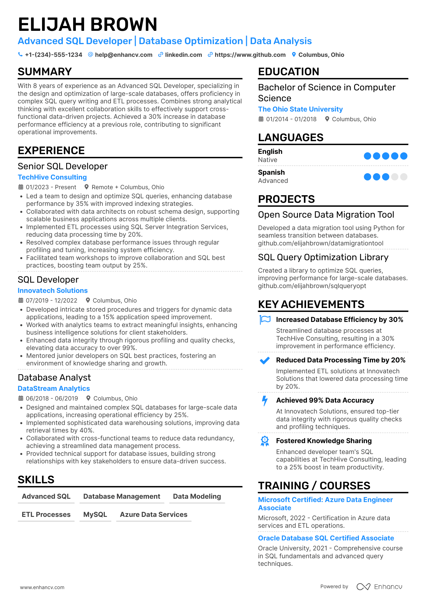 A resume example of a Advanced SQL Developer