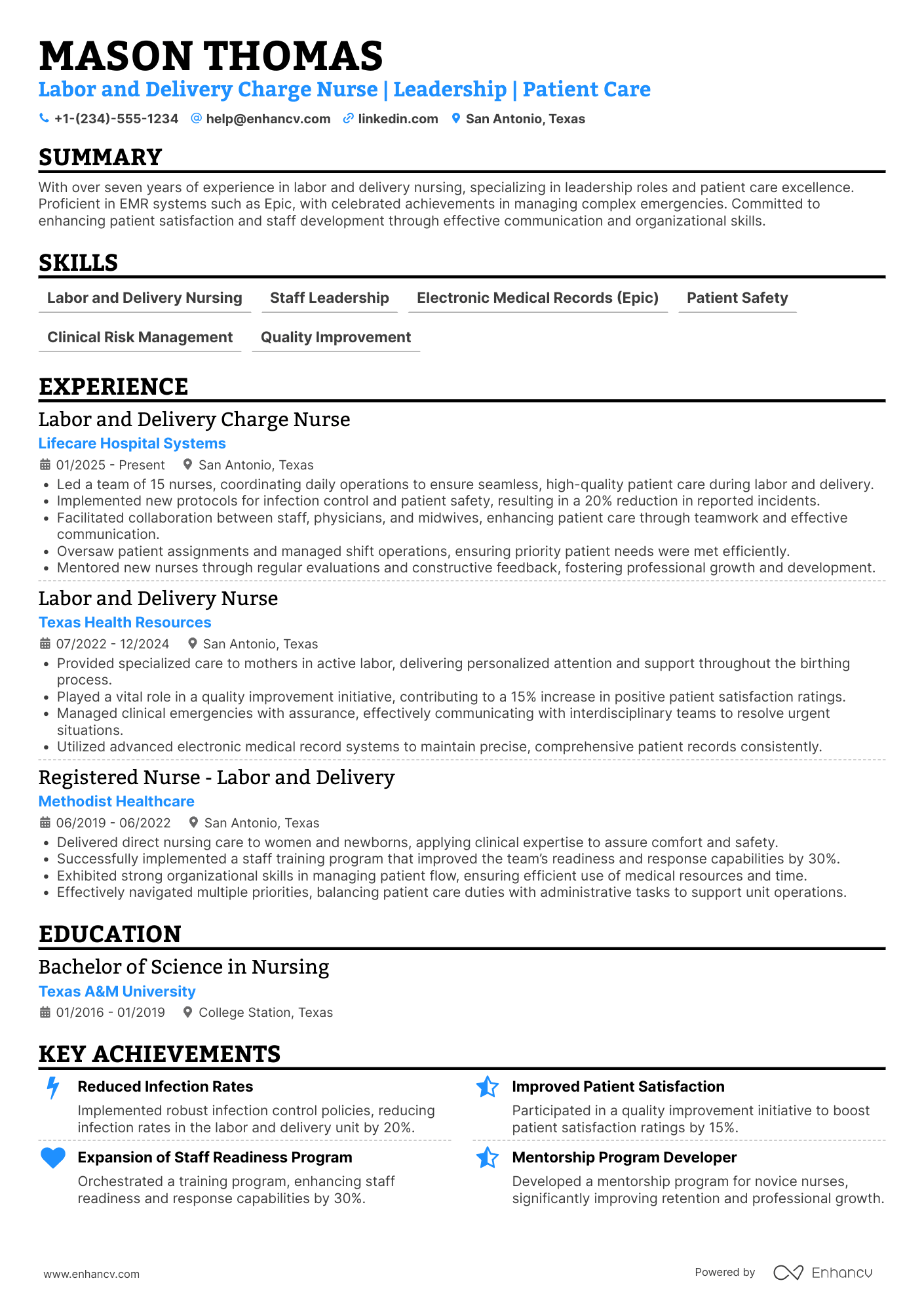 A resume example of a Labor and Delivery Charge Nurse